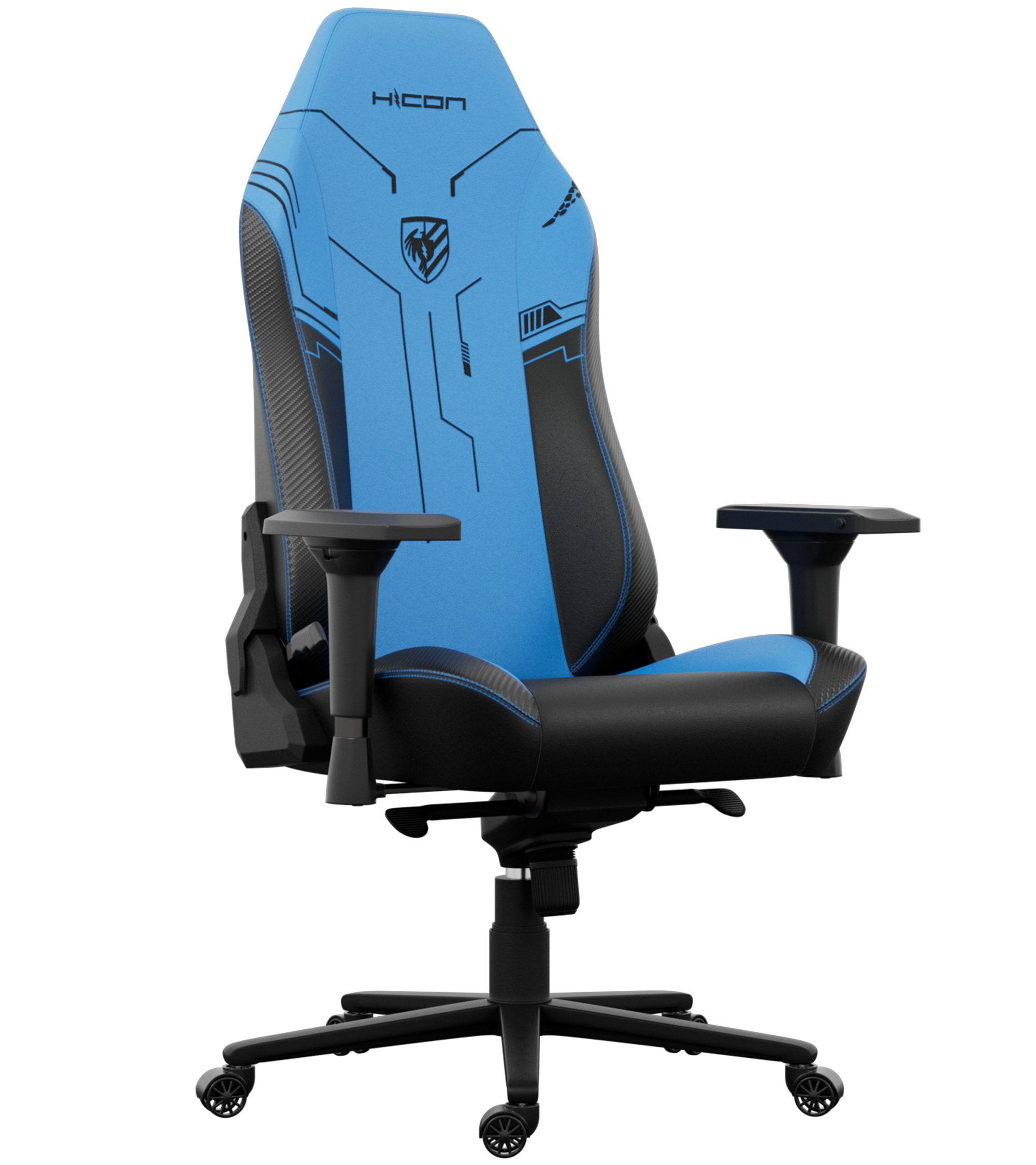 Une chaise de jeu bleue et noire avec la marque HICON sur l'appuie-tête, sur fond noir.