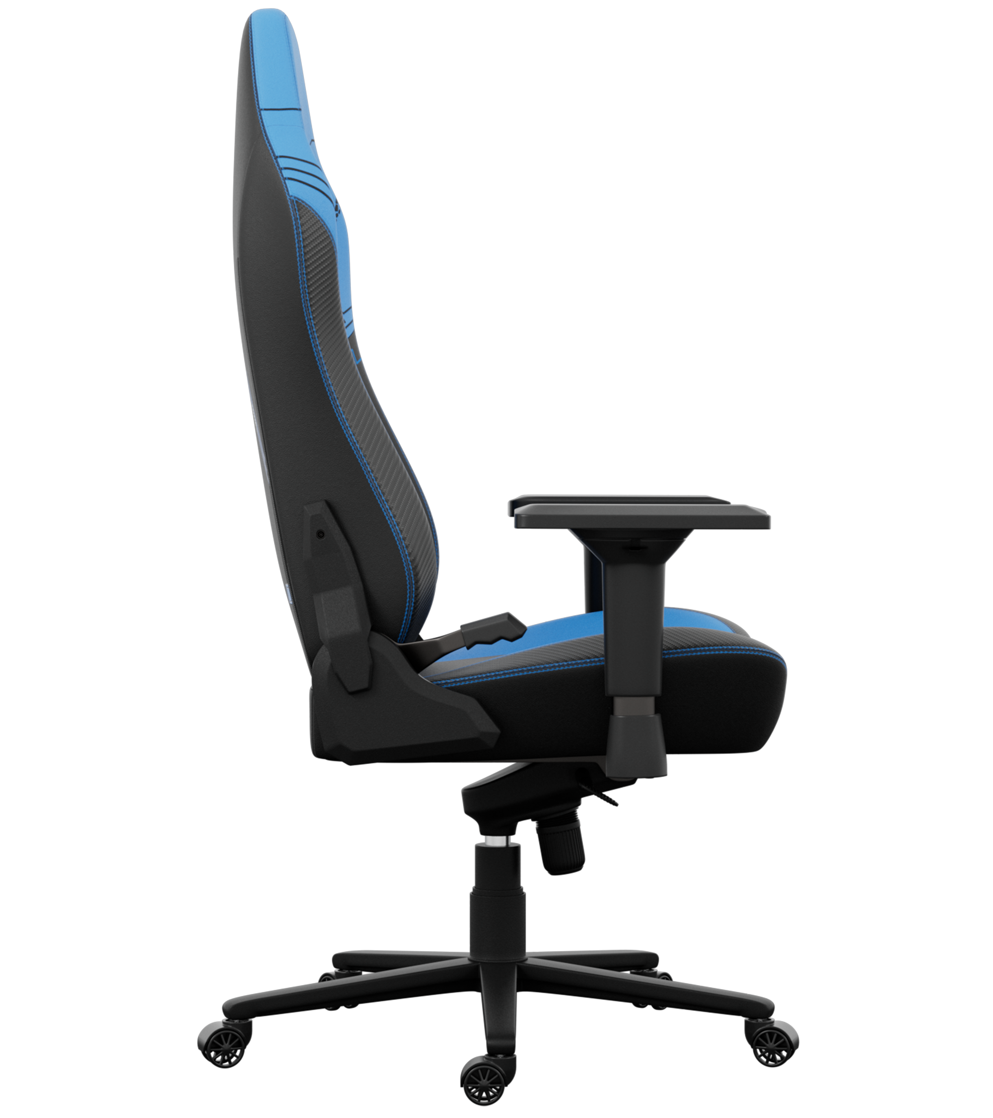 Chaise de jeu avec des accents noirs et bleus. Dispose d'un dossier haut, d'accoudoirs et d'une base à cinq roues, sur fond noir.