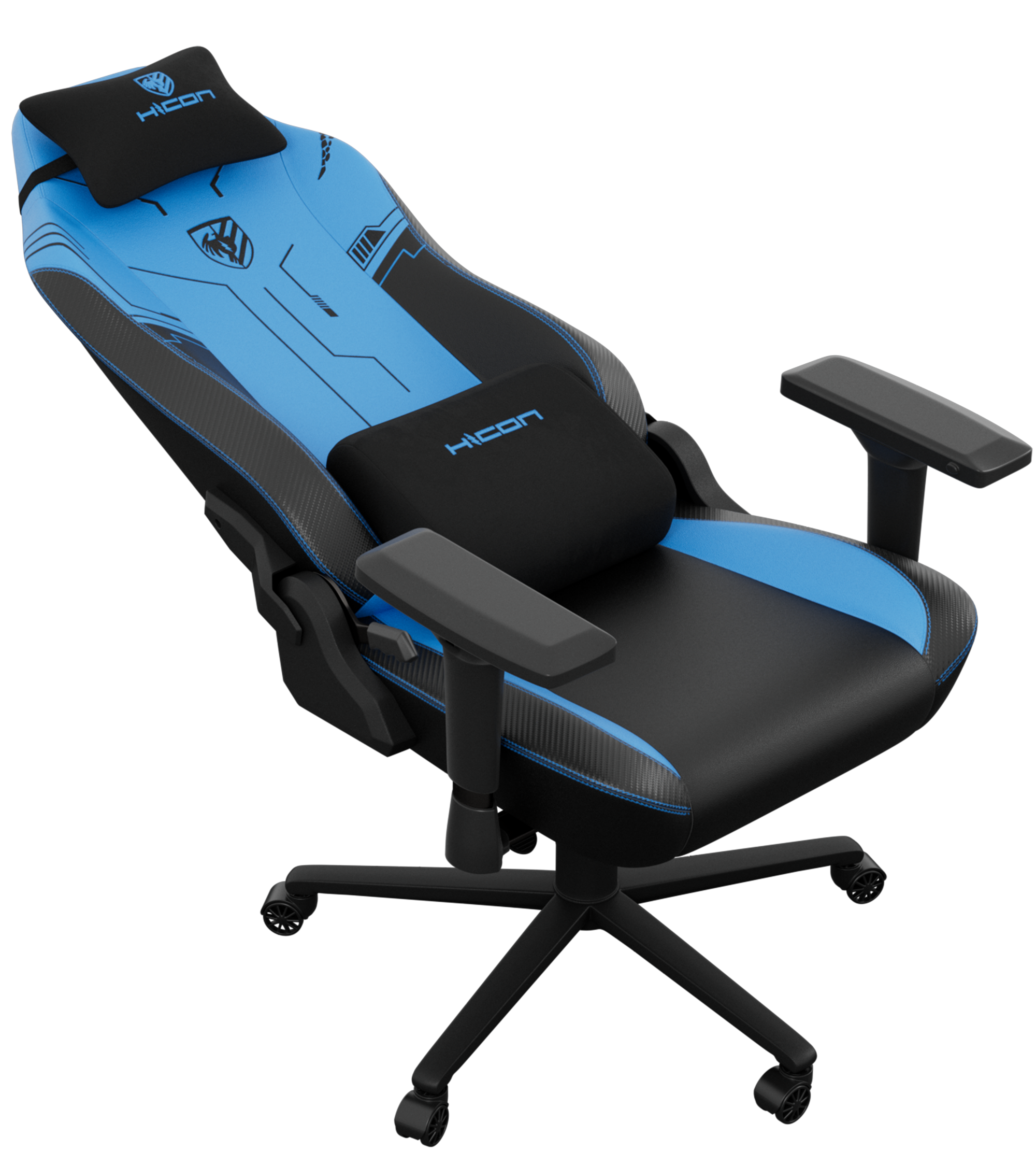 Une chaise de jeu bleue et noire avec un appui-tête et un support lombaire. La chaise a des accoudoirs et une base à cinq étoiles.