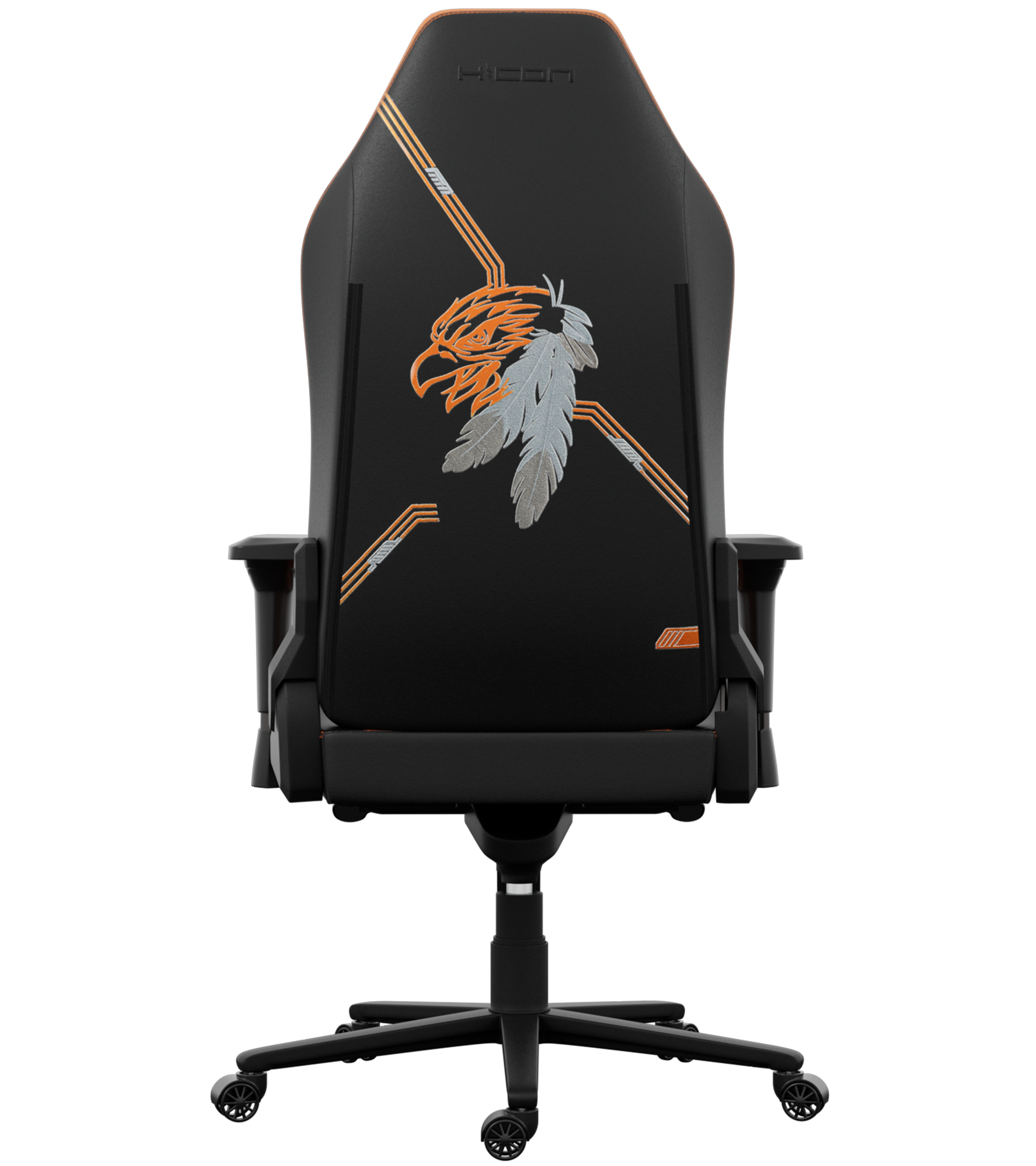 Ein schwarzer Gaming-Stuhl mit Adler- und Feder-Design. Orange und silberne Details. Der Stuhl hat ein Fünf-Rad-Gestell.