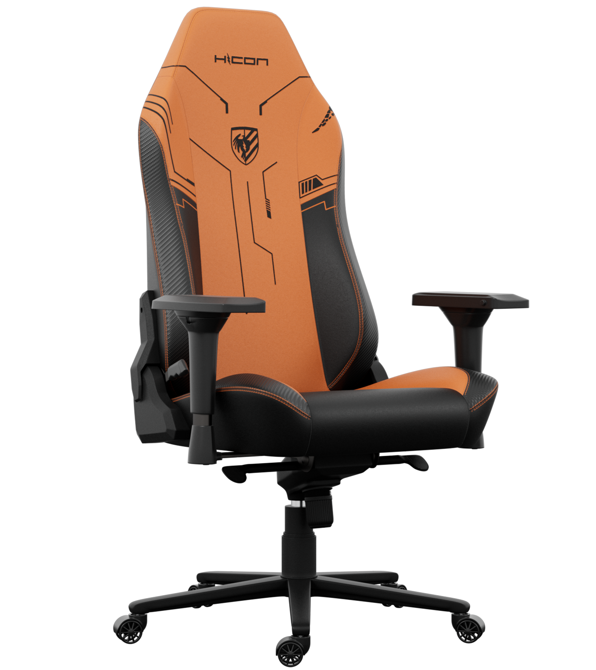 Gaming-Stuhl mit orangefarbener Rückenlehne und schwarzen Akzenten. Mit Hicon-Logo und Schildemblem. Schwarzes Gestell mit Rollen.