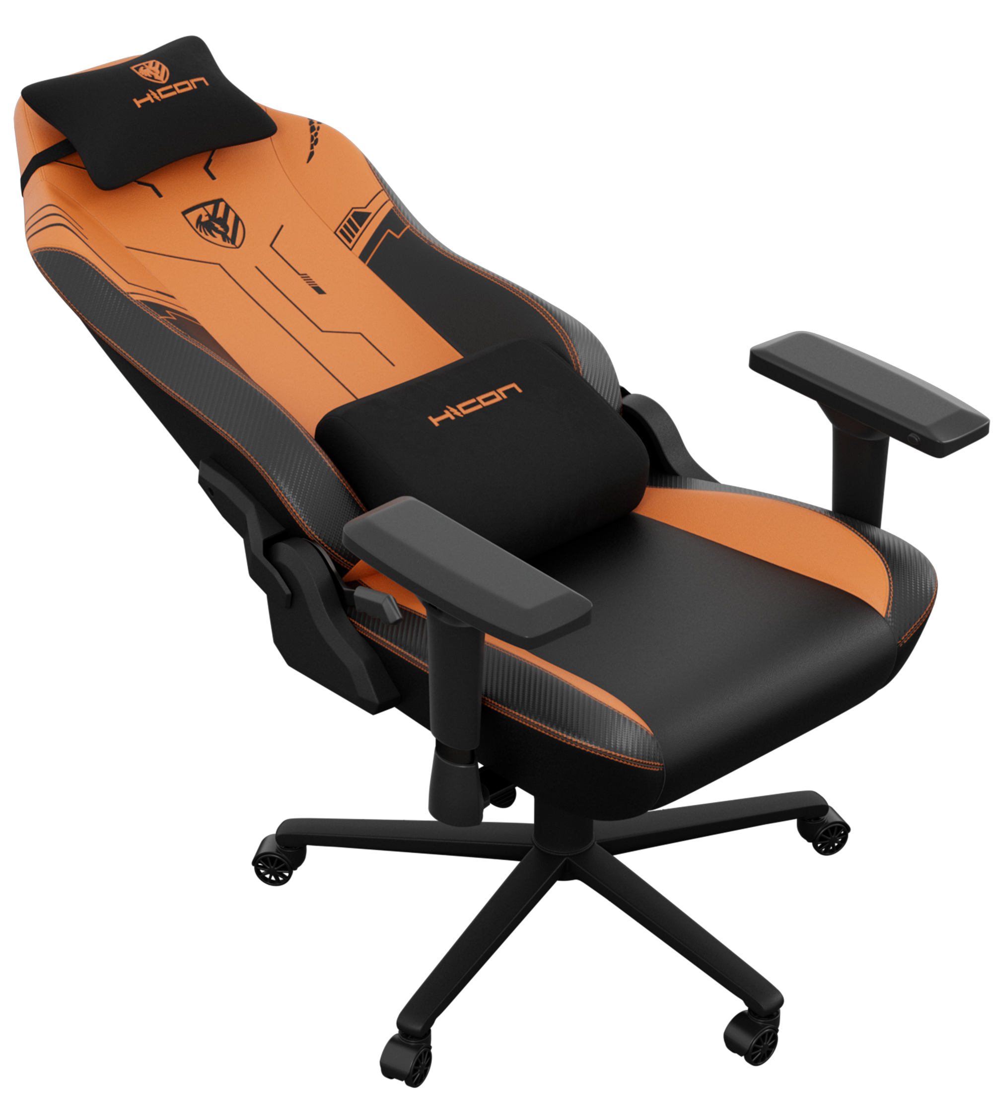 Gaming-Stuhl. Schwarz und orange. Hat eine Kopfstütze und ein Lendenkissen. Die Marke ist HICON.