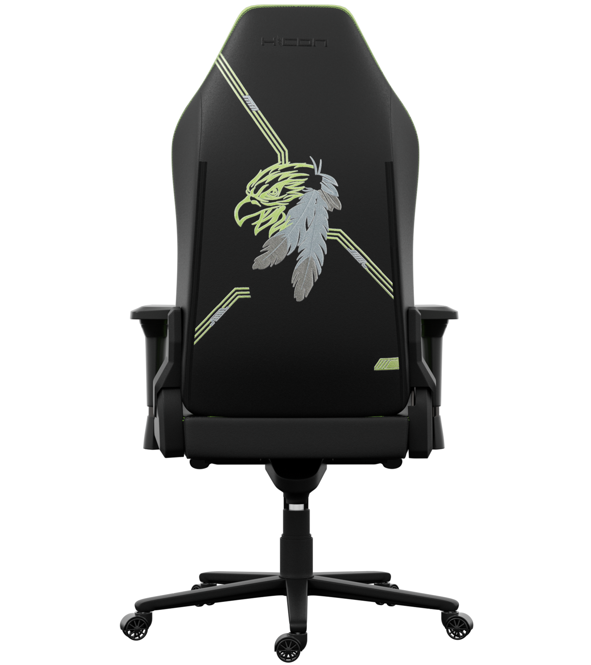 Schwarzer Gaming-Stuhl mit grünen Akzenten und Adlerfeder-Design auf der Rückseite. Hat Räder und Armlehnen.