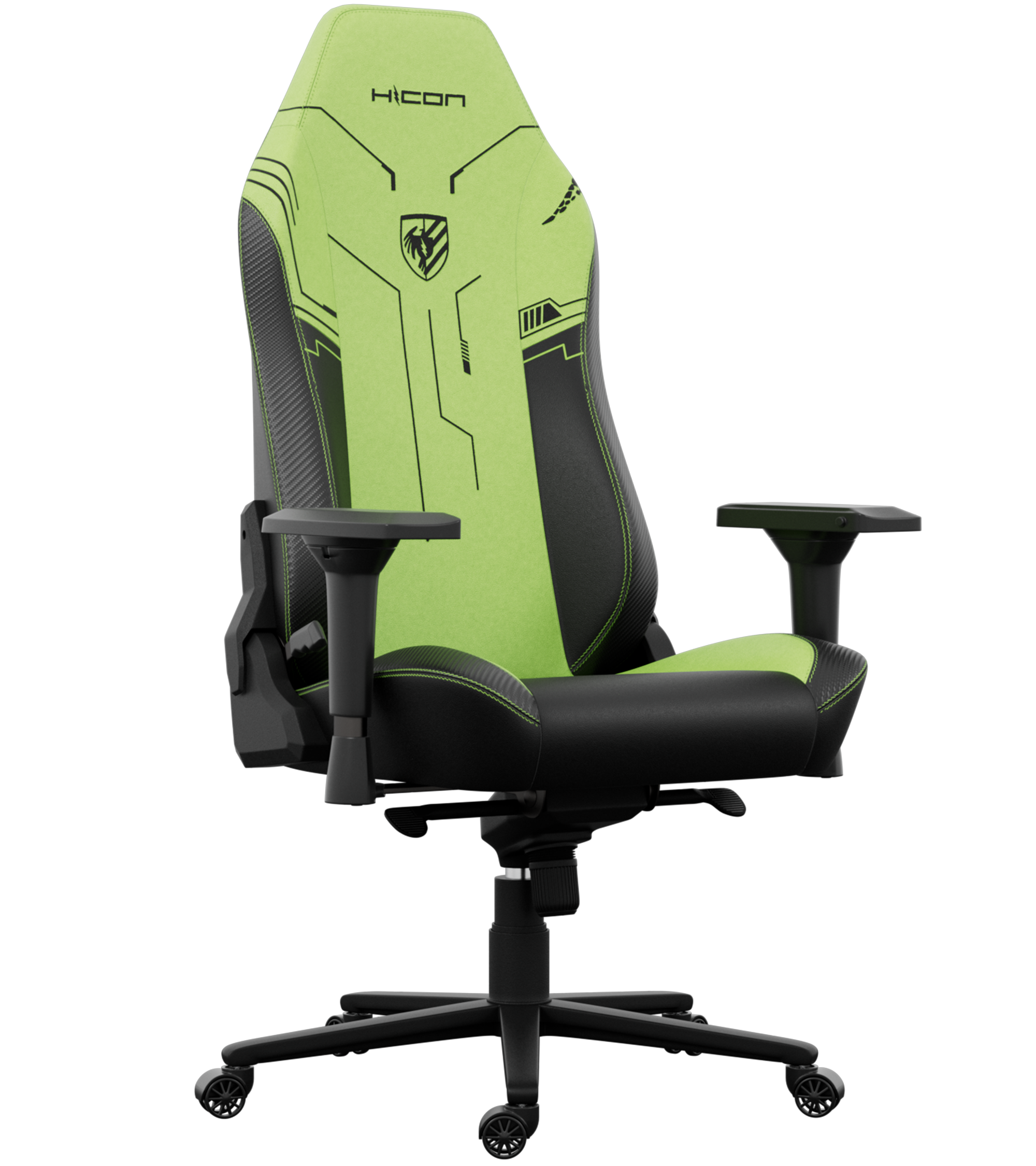 Ein grün-schwarzer Gaming-Stuhl. Der Stuhl hat eine Kopfstütze mit dem Markennamen. Es ist auf schwarzem Hintergrund.