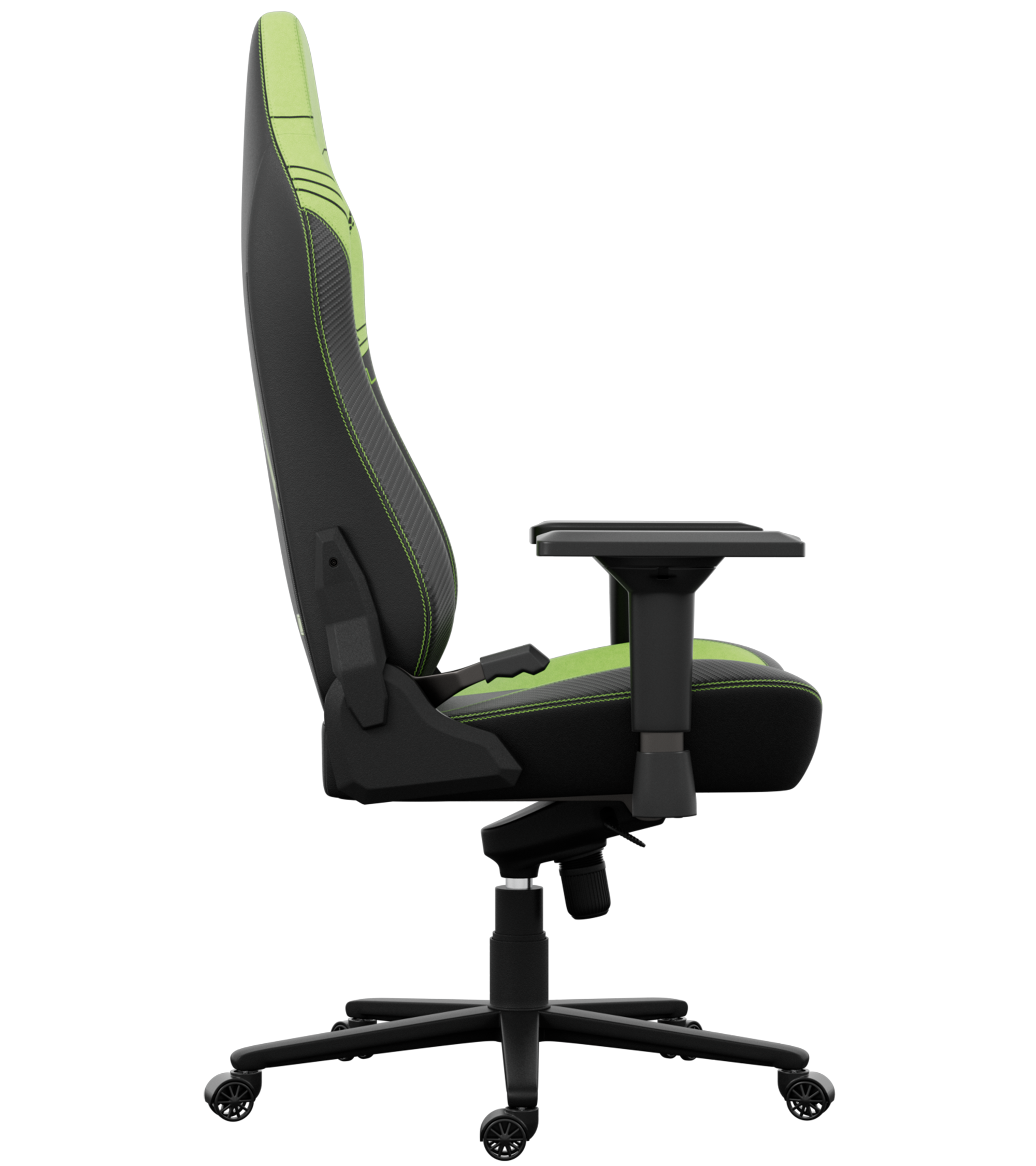 Gaming-Stuhl mit grünen und schwarzen Farben. Er hat eine hohe Rückenlehne, Armlehnen und ein Fünf-Rad-Gestell.