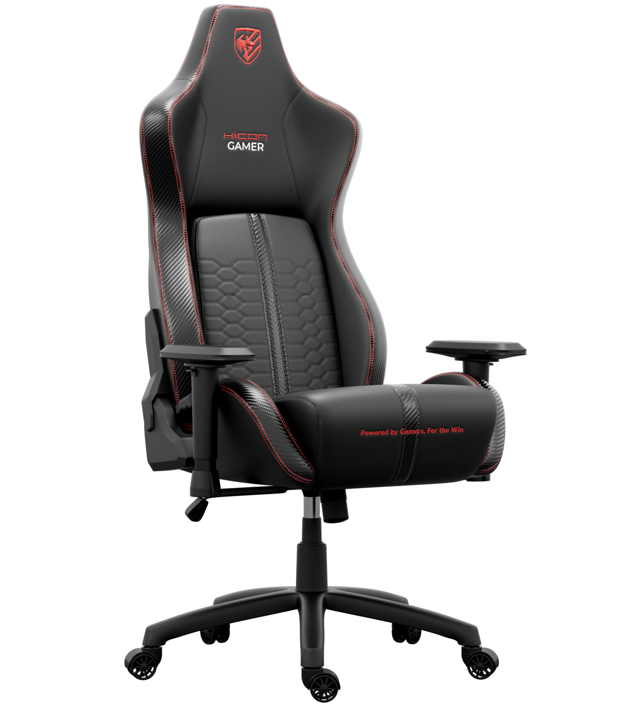 Chaise de jeu noire avec surpiqûres rouges. Elle a un logo, des accents en fibre de carbone et dit 'Powered by Gamers, For the Win'.