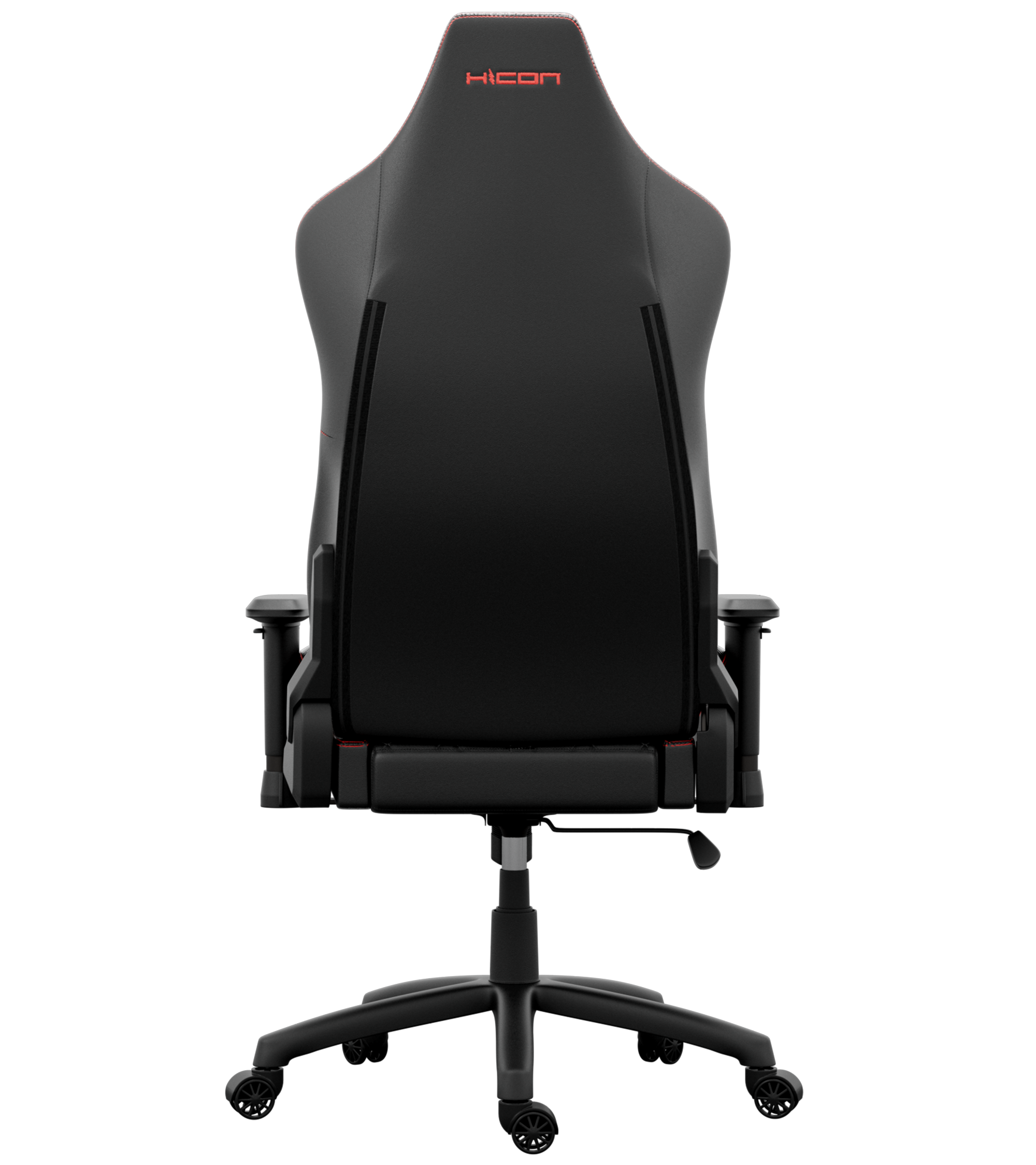 Chaise de jeu noire avec des accents rouges, logo HICON en haut et cinq roues à la base.