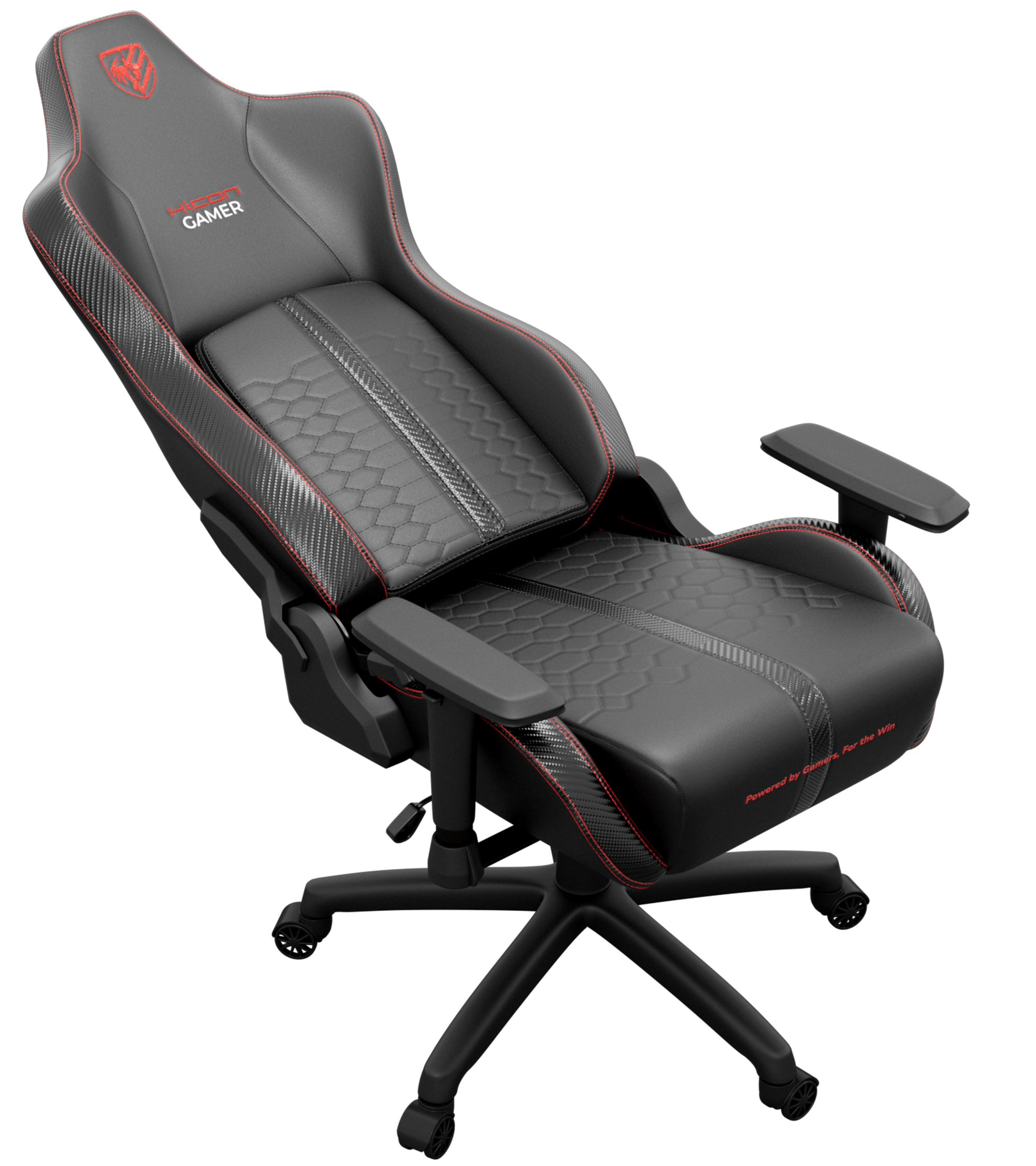 Chaise de jeu. Noir et gris avec coutures rouges. Comprend des logos, accoudoirs et une base à cinq étoiles avec roues. Vue en angle.