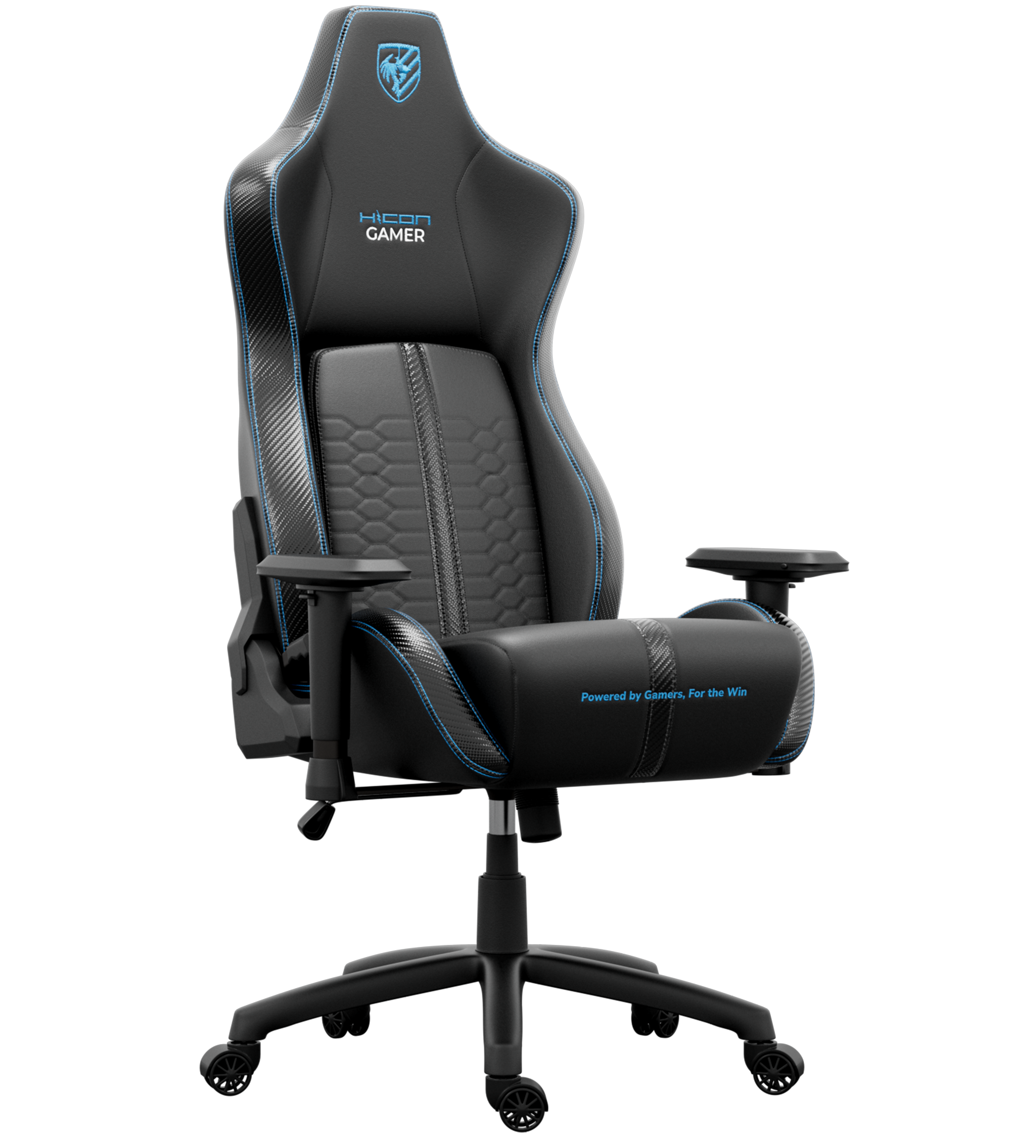 Chaise de jeu noire avec des accents bleus et un logo. Elle a des accoudoirs et un siège rembourré. Le fond est sombre.