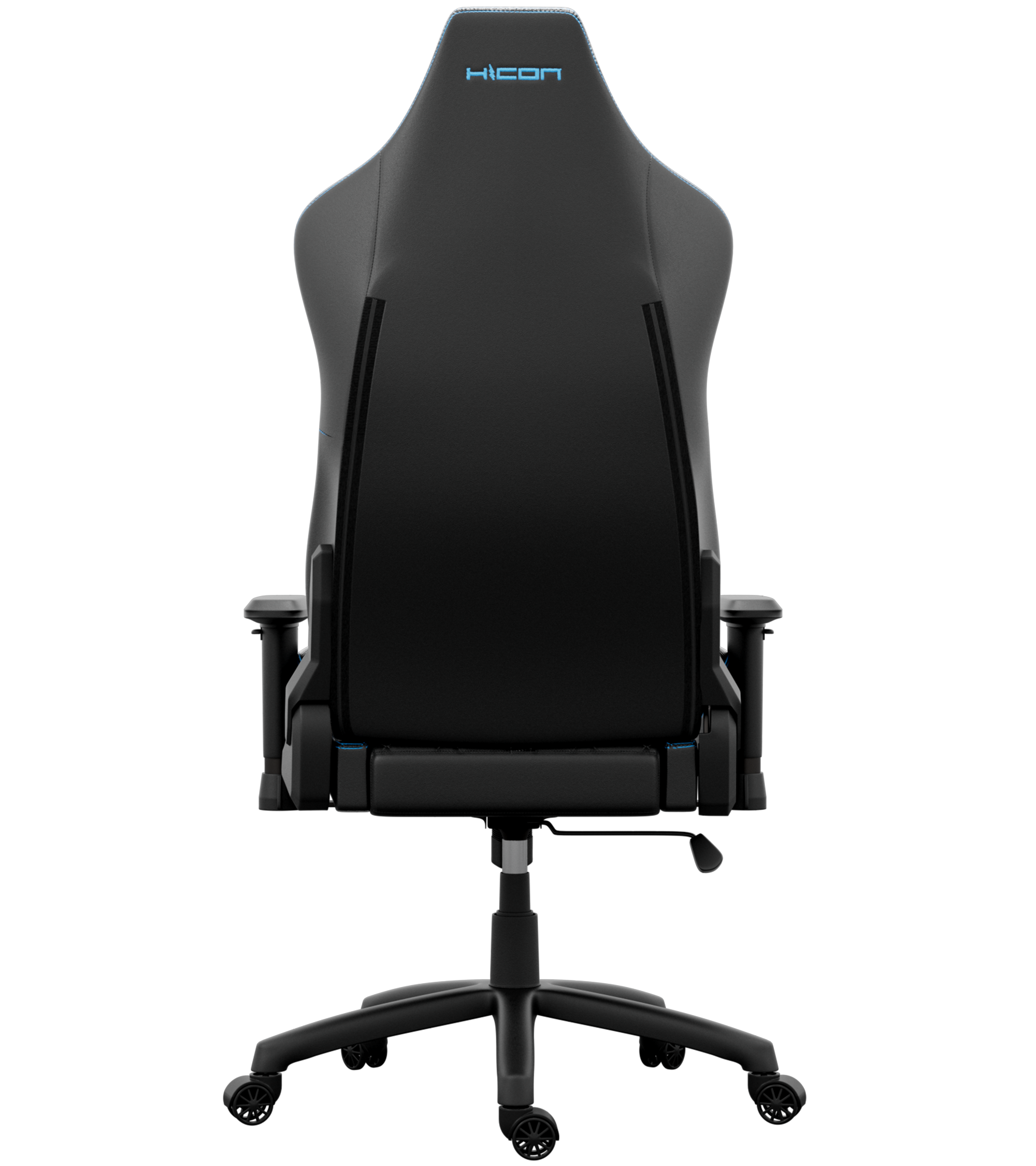 Chaise de jeu noire avec des touches de bleu et le mot HICON sur l'appuie-tête, sur fond noir.