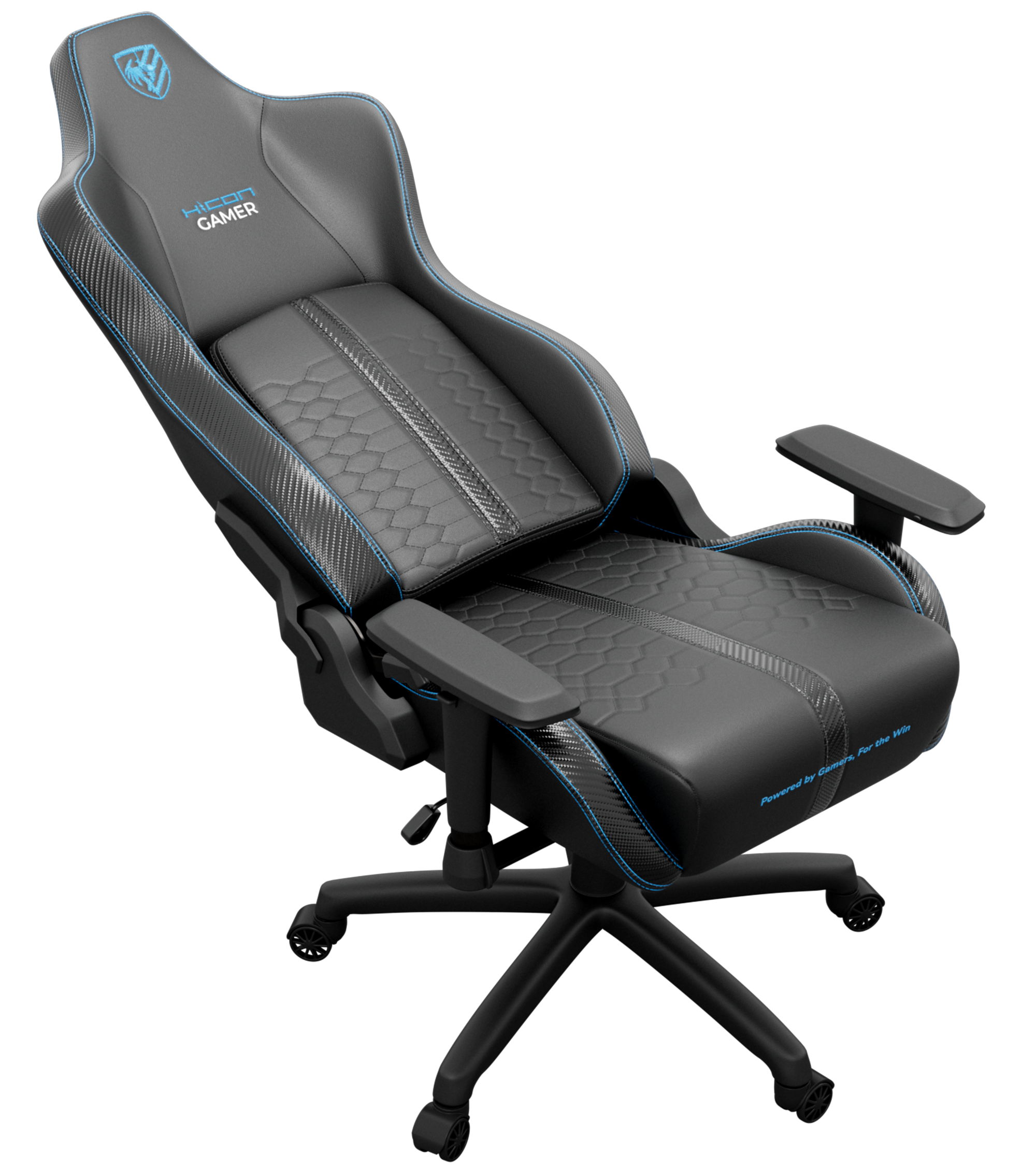 Chaise de jeu avec assise et dossier noirs, surpiqûres bleues, accents en fibre de carbone et logo sur l'appui-tête.