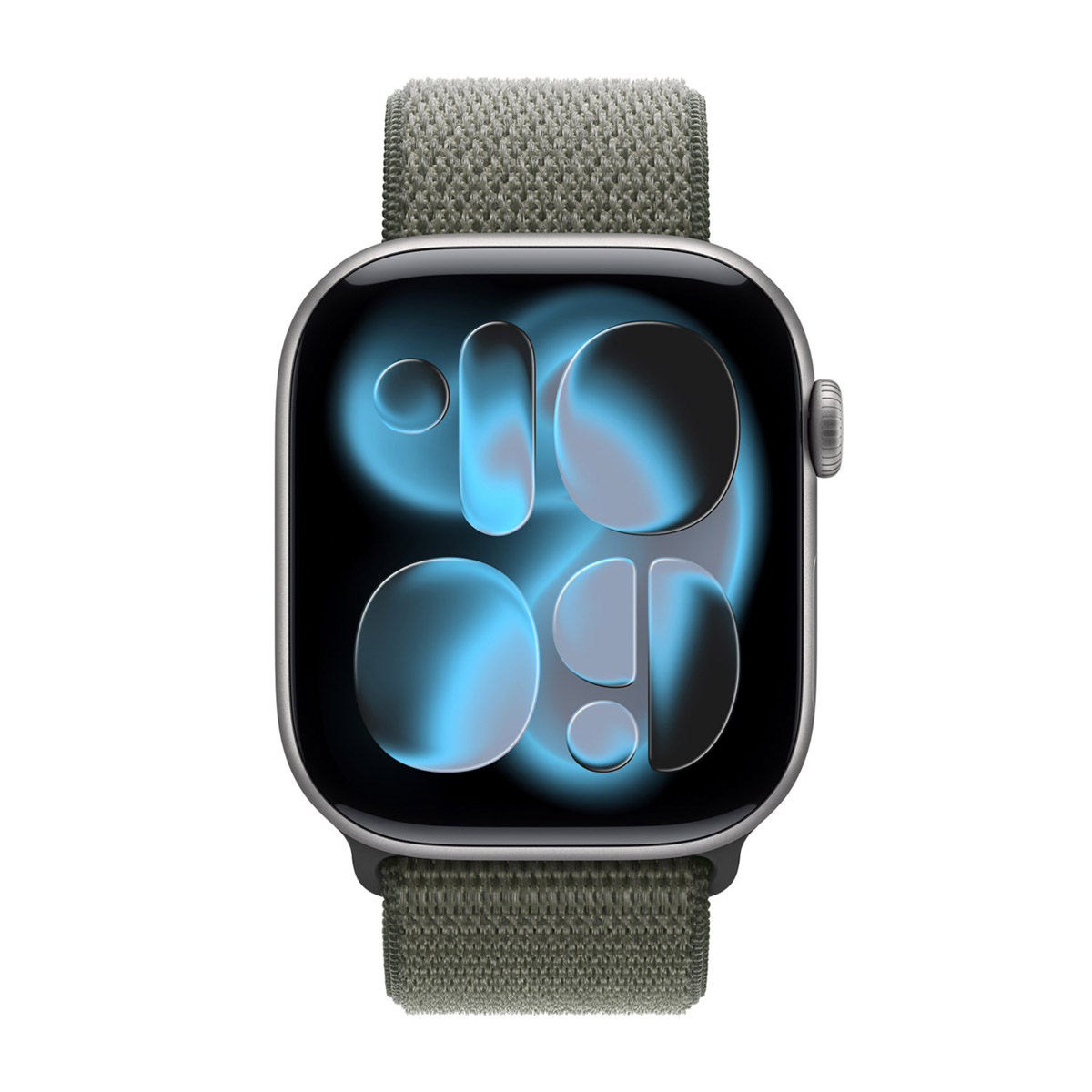Close-up van een smartwatch met een groene stoffen band. De wijzerplaat toont een blauw oplichtend display met grote cijfers.