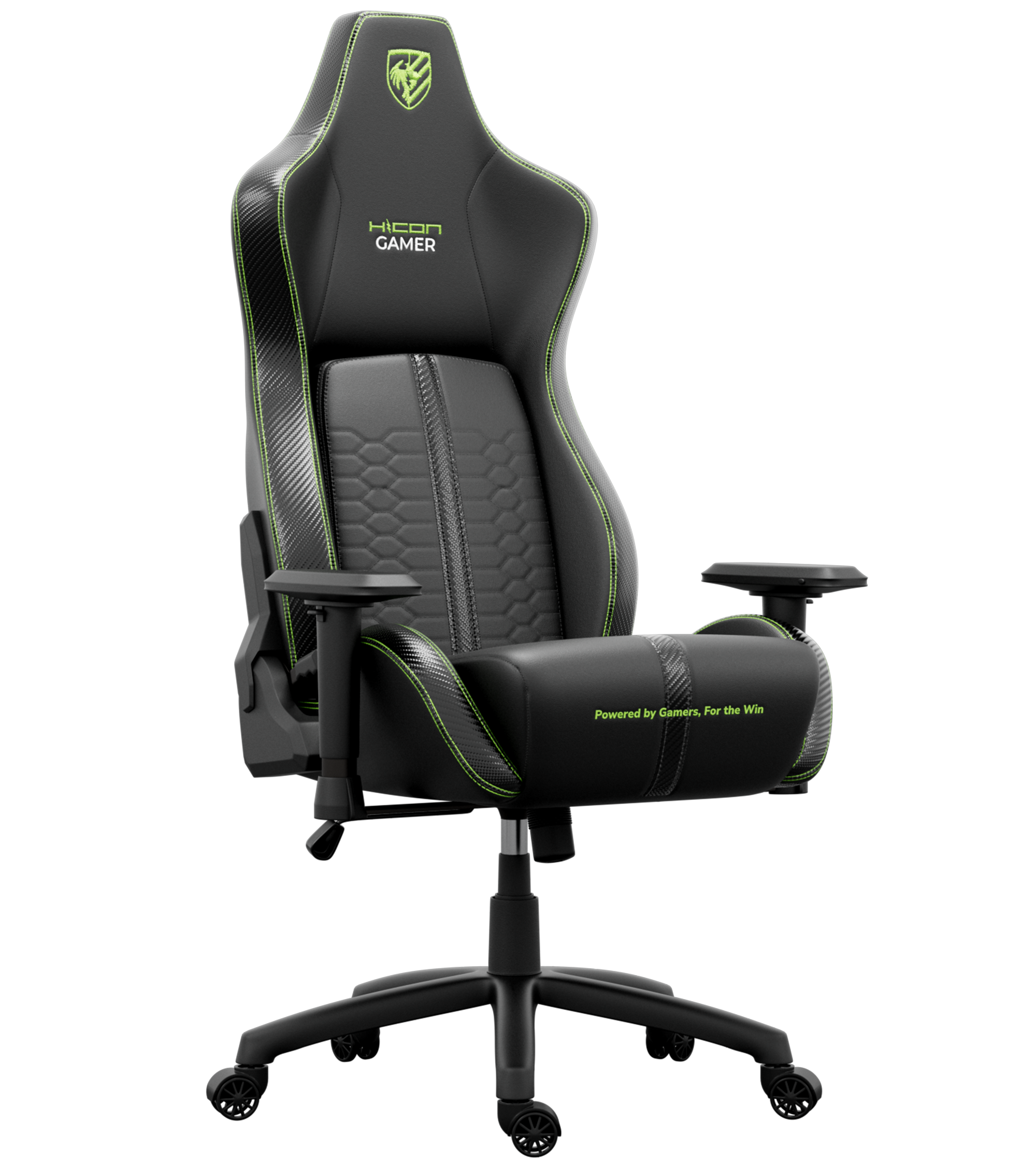 Chaise de jeu noire avec surpiqûres vertes. Comprend un logo, des accoudoirs et une base avec roulettes. La chaise est sur fond noir.