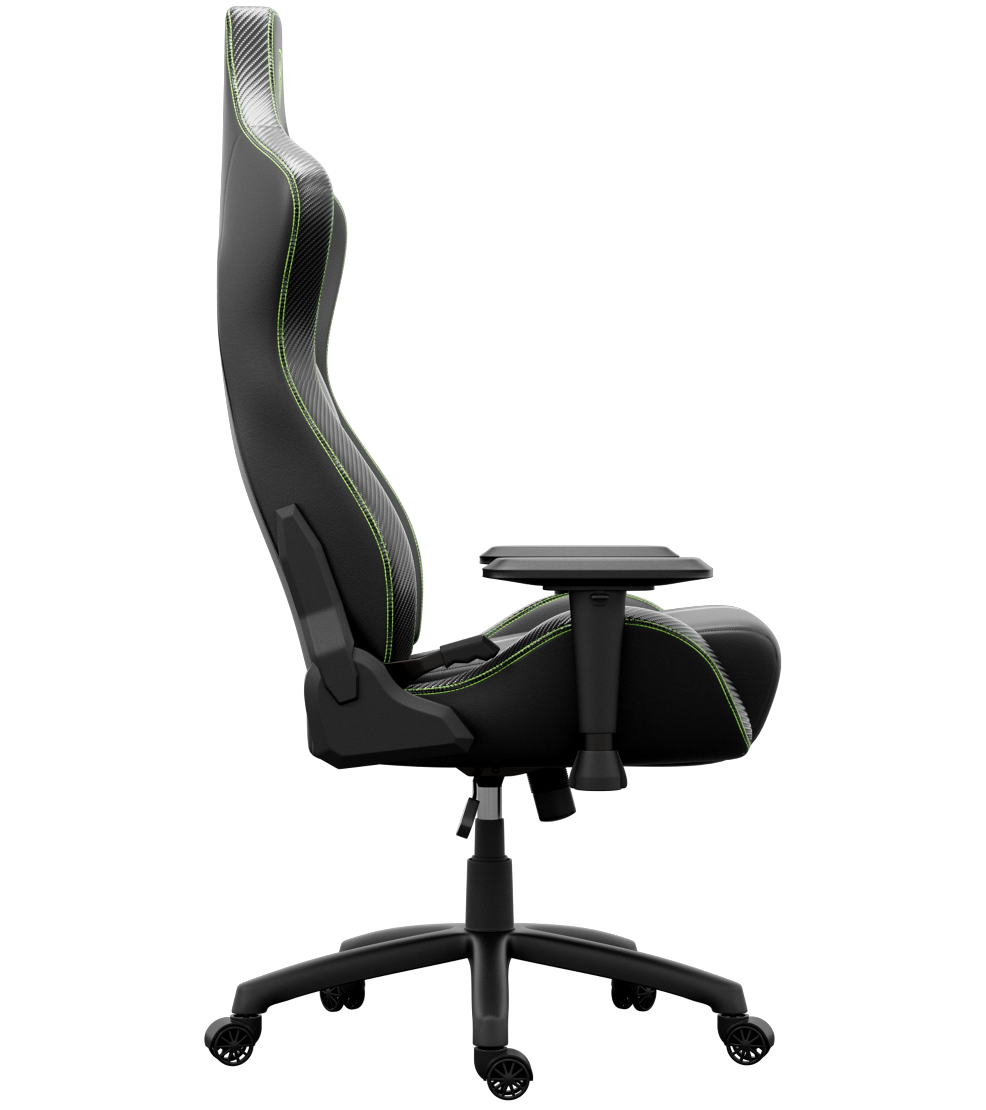 Chaise de jeu noire et verte. Elle a un dossier haut, des accoudoirs et une base avec des roues. Les coutures sont vertes.
