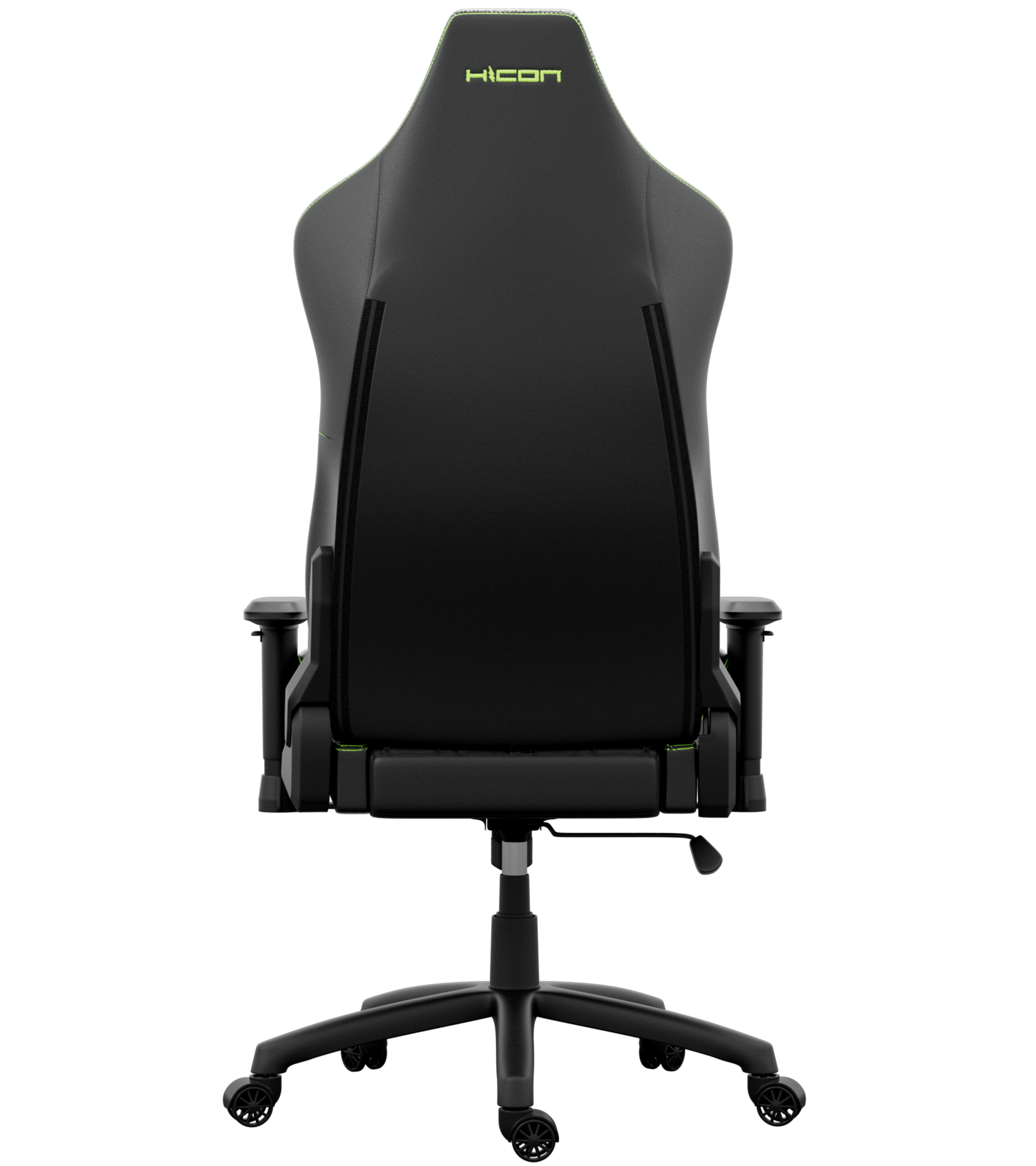 Chaise de jeu noire avec des accents verts et le mot 'HICON' sur l'appuie-tête, sur fond noir.
