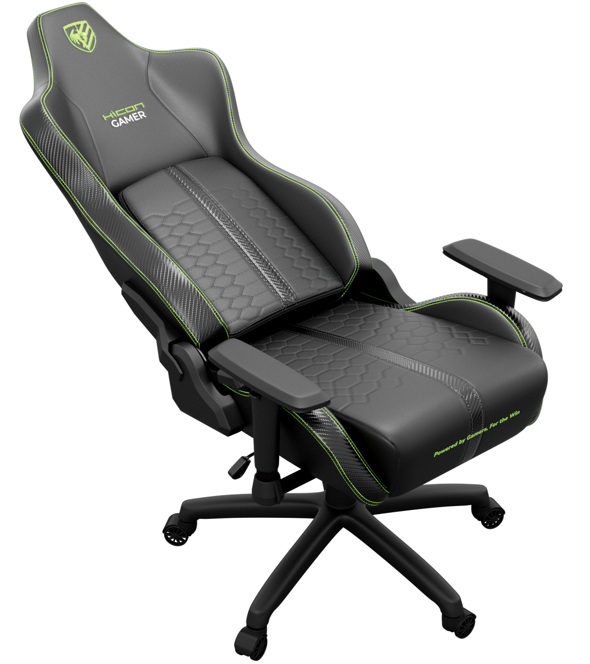 Chaise de jeu. Noir et gris avec des accents verts. Comprend un logo sur l'appuie-tête, un siège rembourré, des accoudoirs et une base à cinq étoiles.