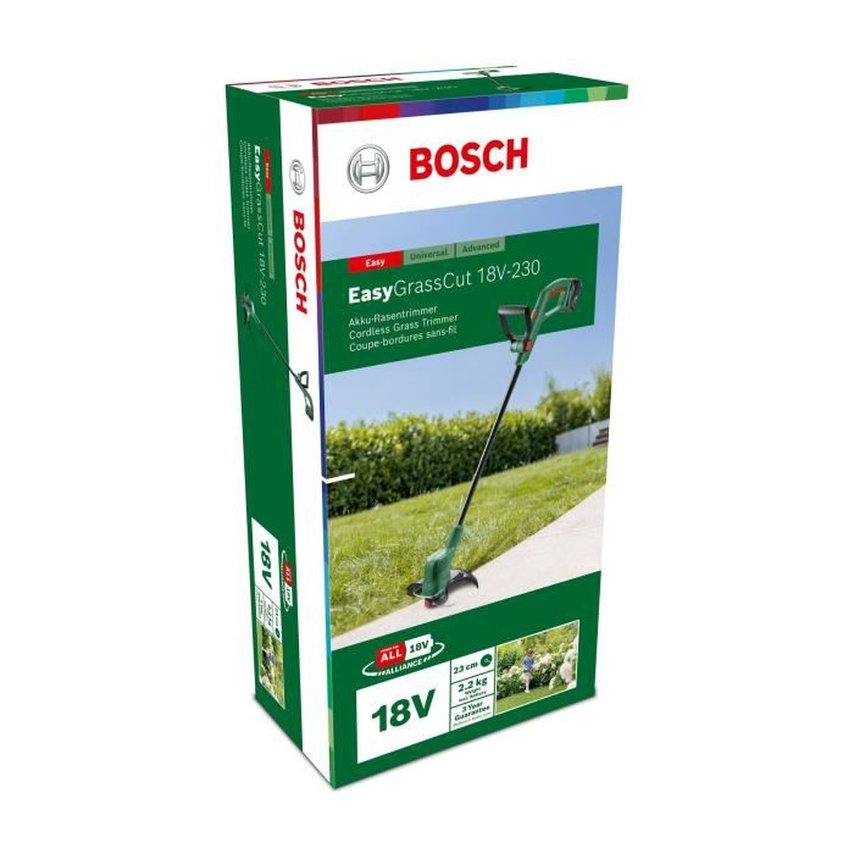 Bir Bosch EasyGrassCut 18V-230 düzeltici kutusu. Çimlerin üzerinde bir kaldırımda düzelticiyi gösterir. Kutu yeşil, beyaz ve mavidir.