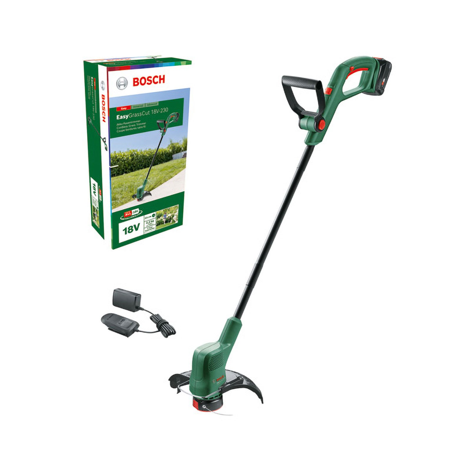 Beyaz zemin üzerinde bir Bosch EasyGrassCut 18V-230 çim biçme makinesi ve kutusu. Aksesuarlar da görüntüleniyor.