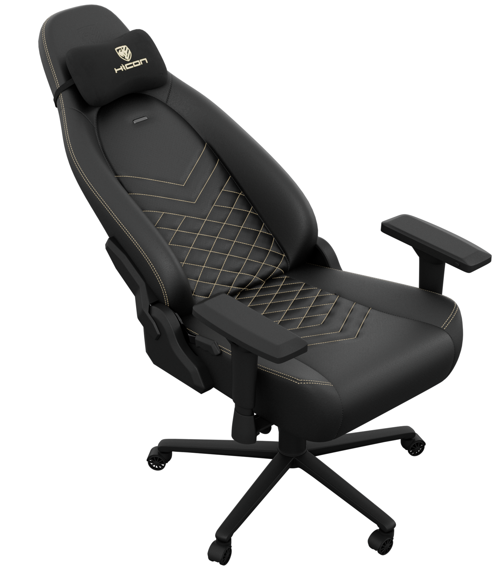 Chaise de jeu noire avec surpiqûres dorées. Elle a des accoudoirs, un appui-tête et des roulettes. Le fond est noir.