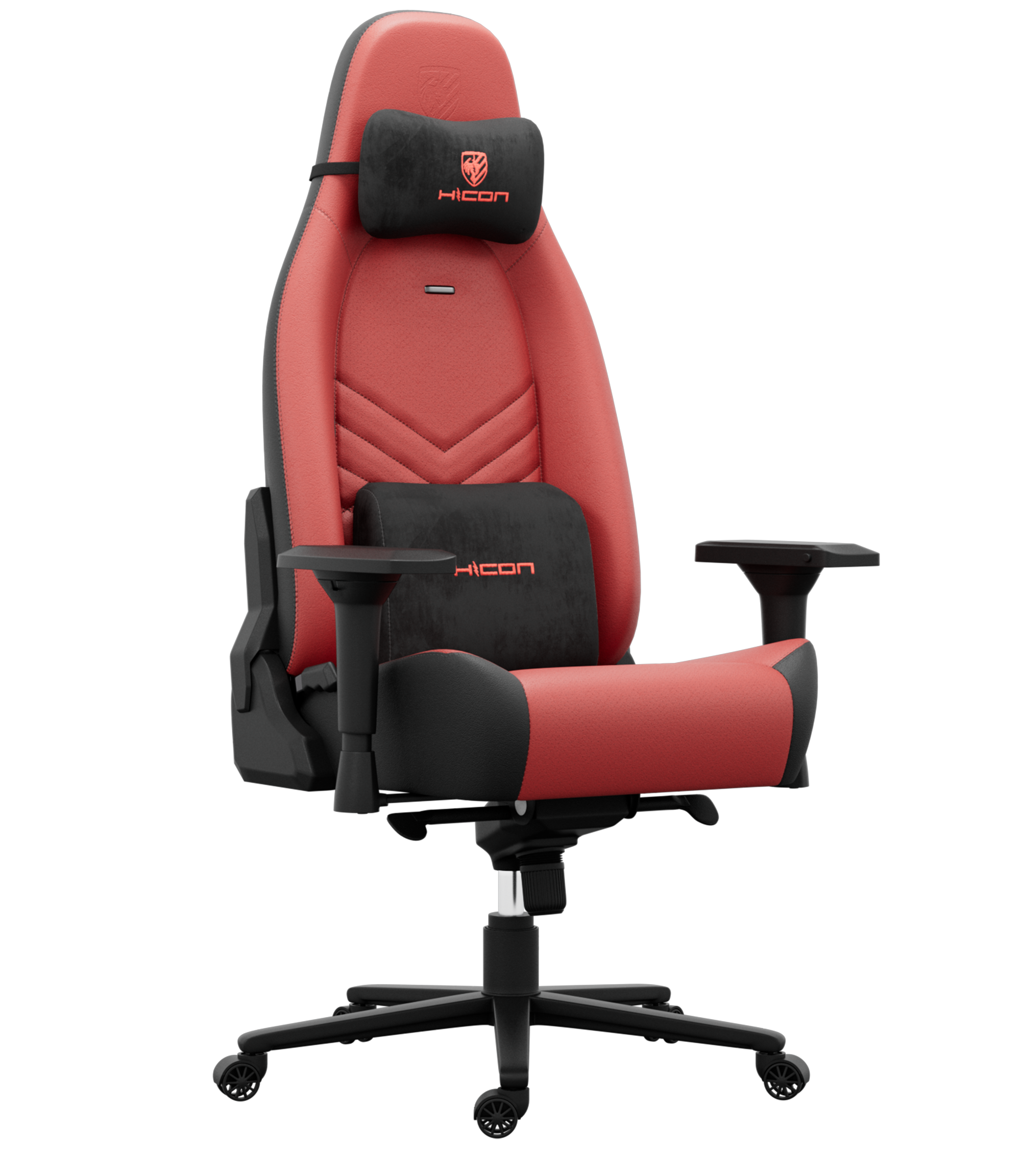 Une chaise de jeu rouge et noire avec le logo 'HICON'. Elle a un appui-tête et un support lombaire.
