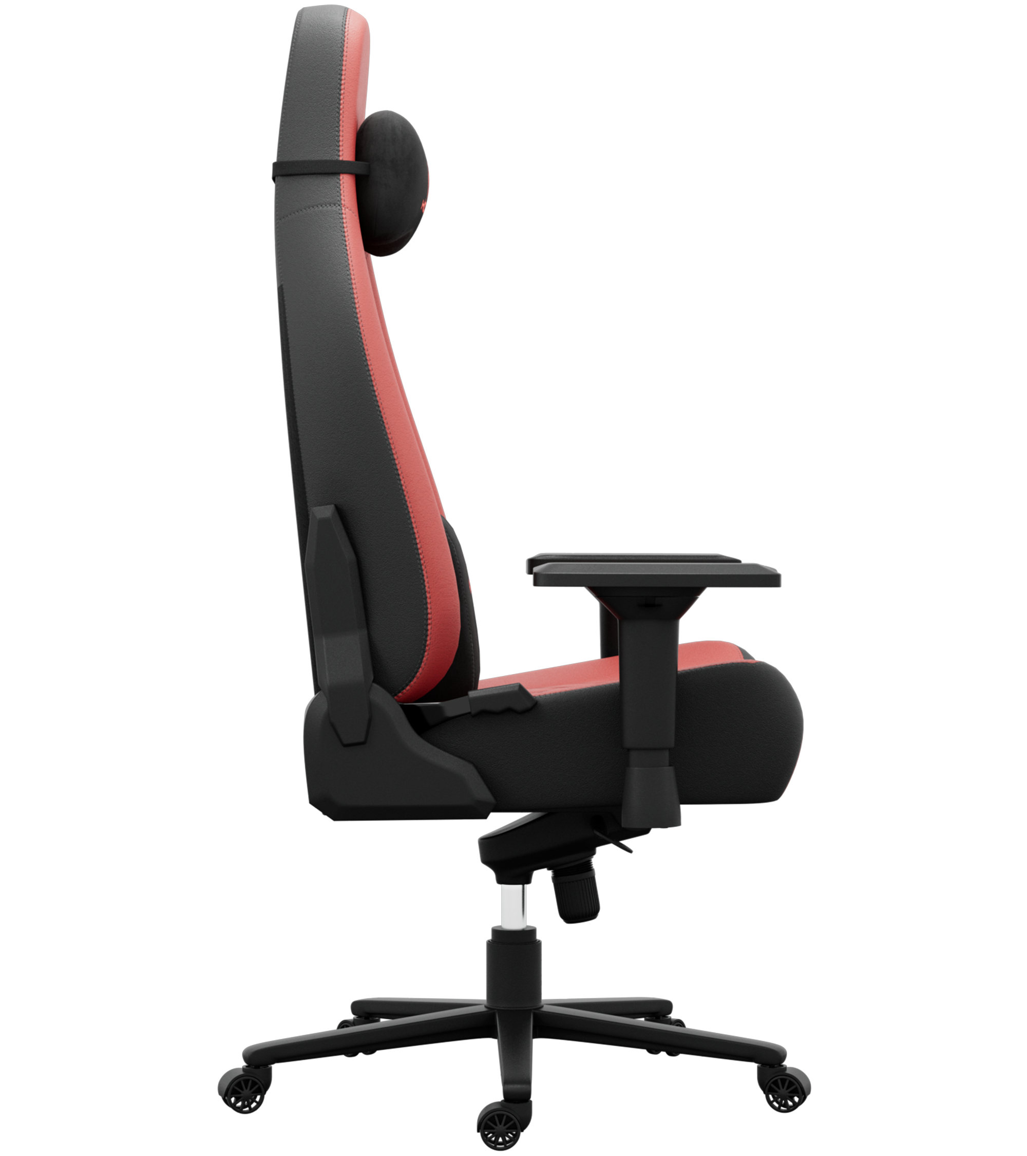 Chaise gaming. Design noir et rouge. Avec appuie-tête et accoudoir. Base roulante. Vue latérale.