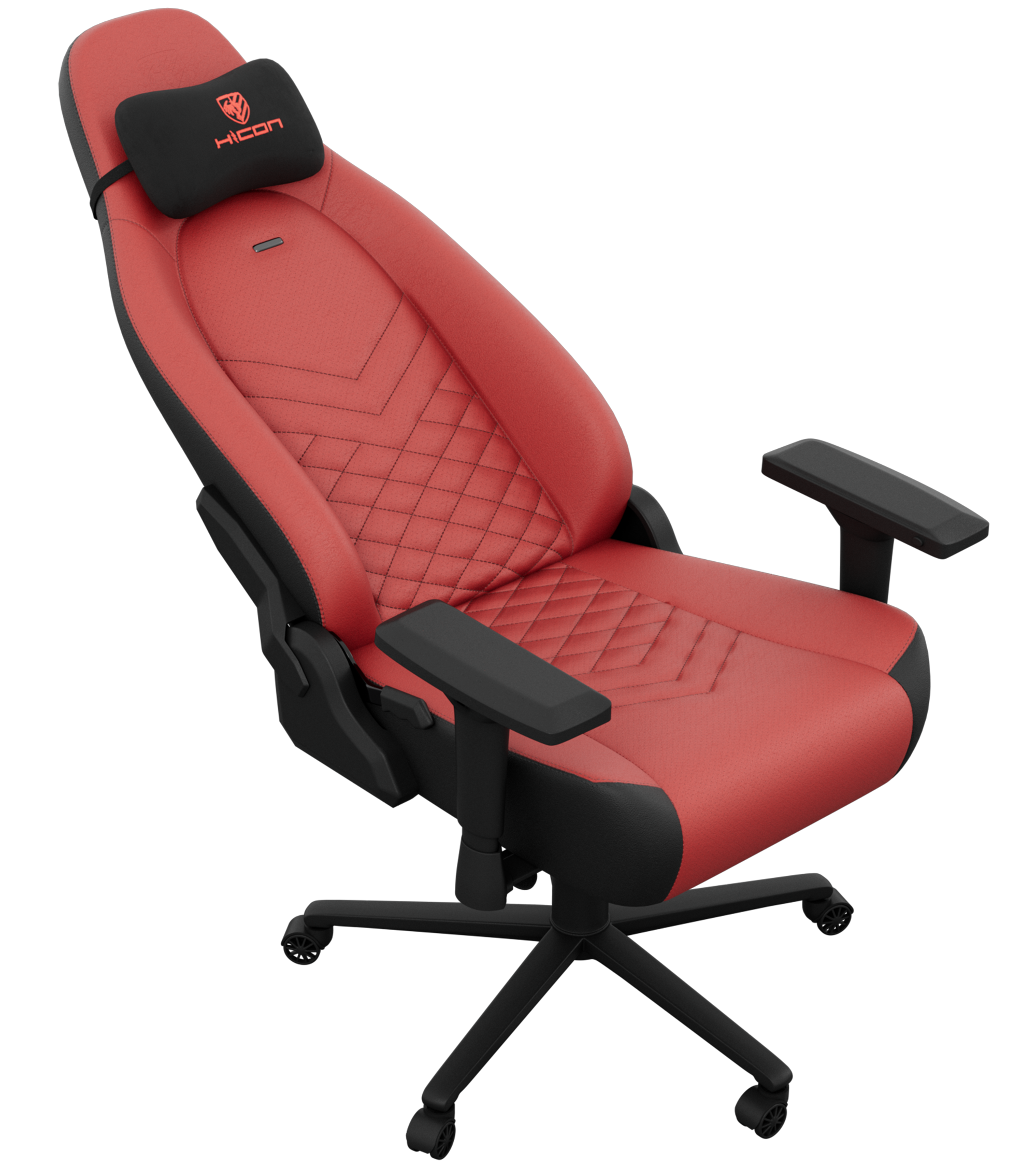 Chaise de jeu rouge et noire. Elle possède un coussin de tête et des accoudoirs. Le siège a un motif de losanges.