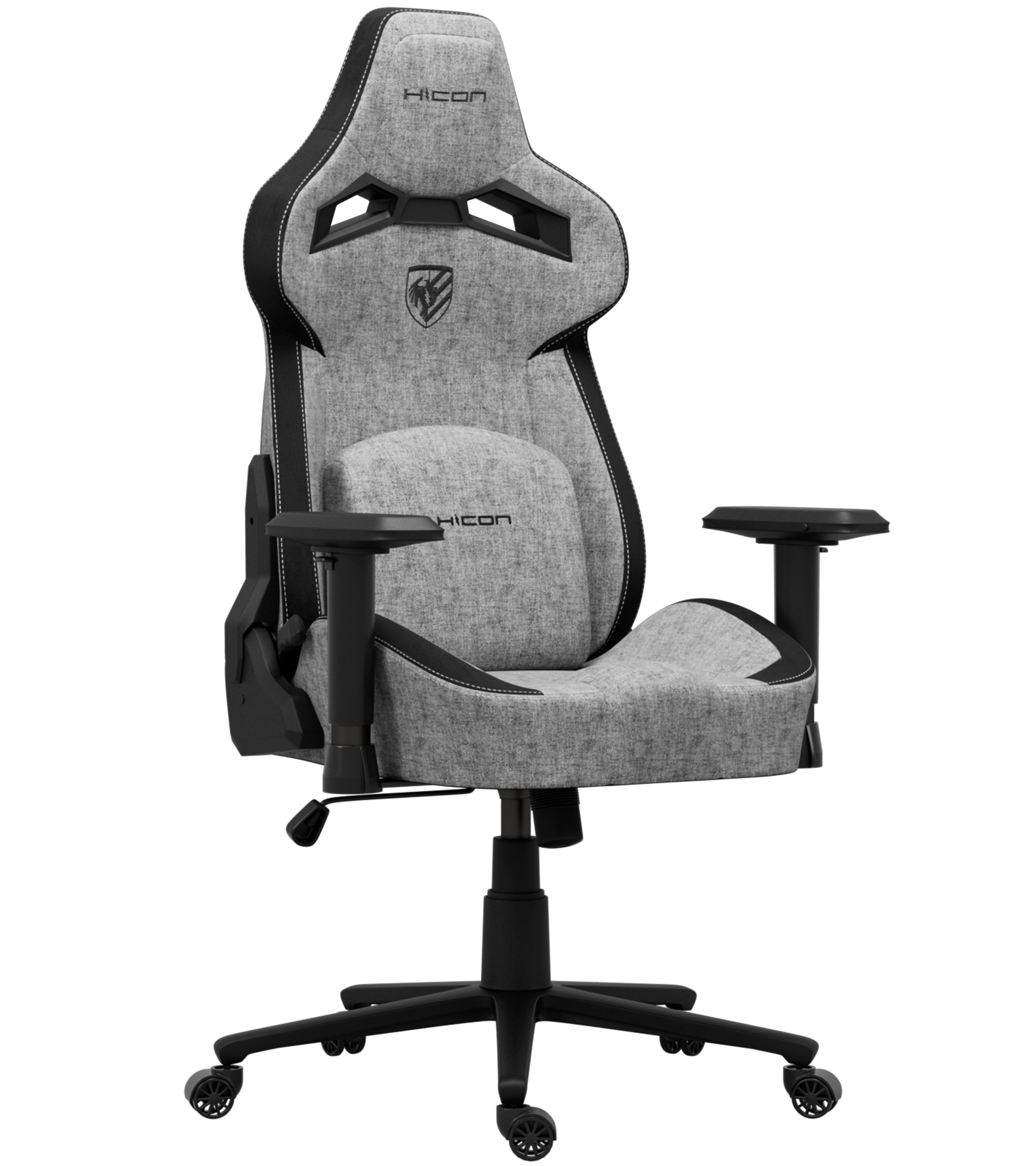 Een grijze en zwarte HICON gamingstoel. Het heeft een hoge rugleuning, armleuningen en een vijfsterren basis met wielen.