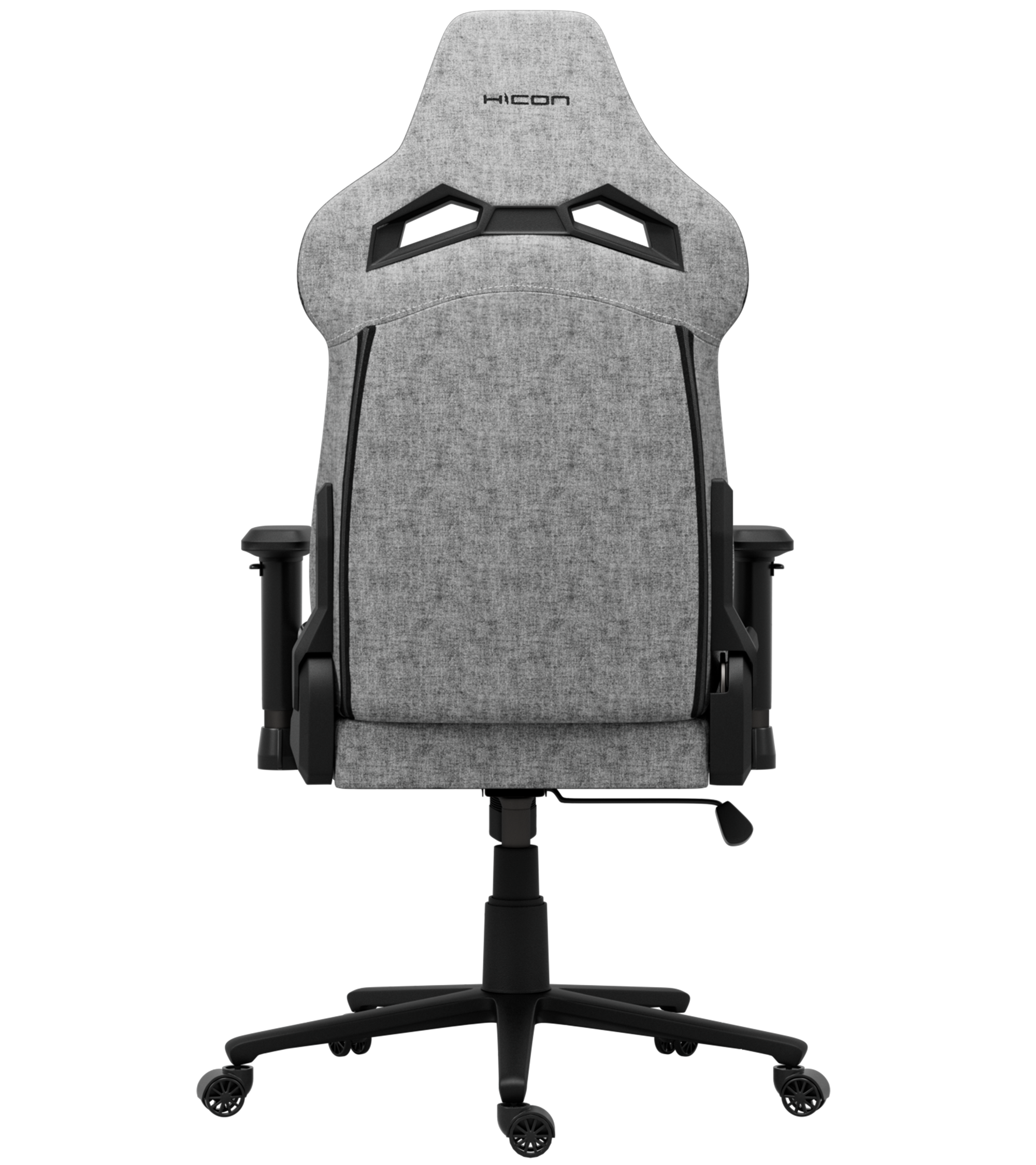 Gamingstoel met grijze stof, zwarte accenten en basis. Heeft een hoge rug en het logo 'HICON' op de hoofdsteun.