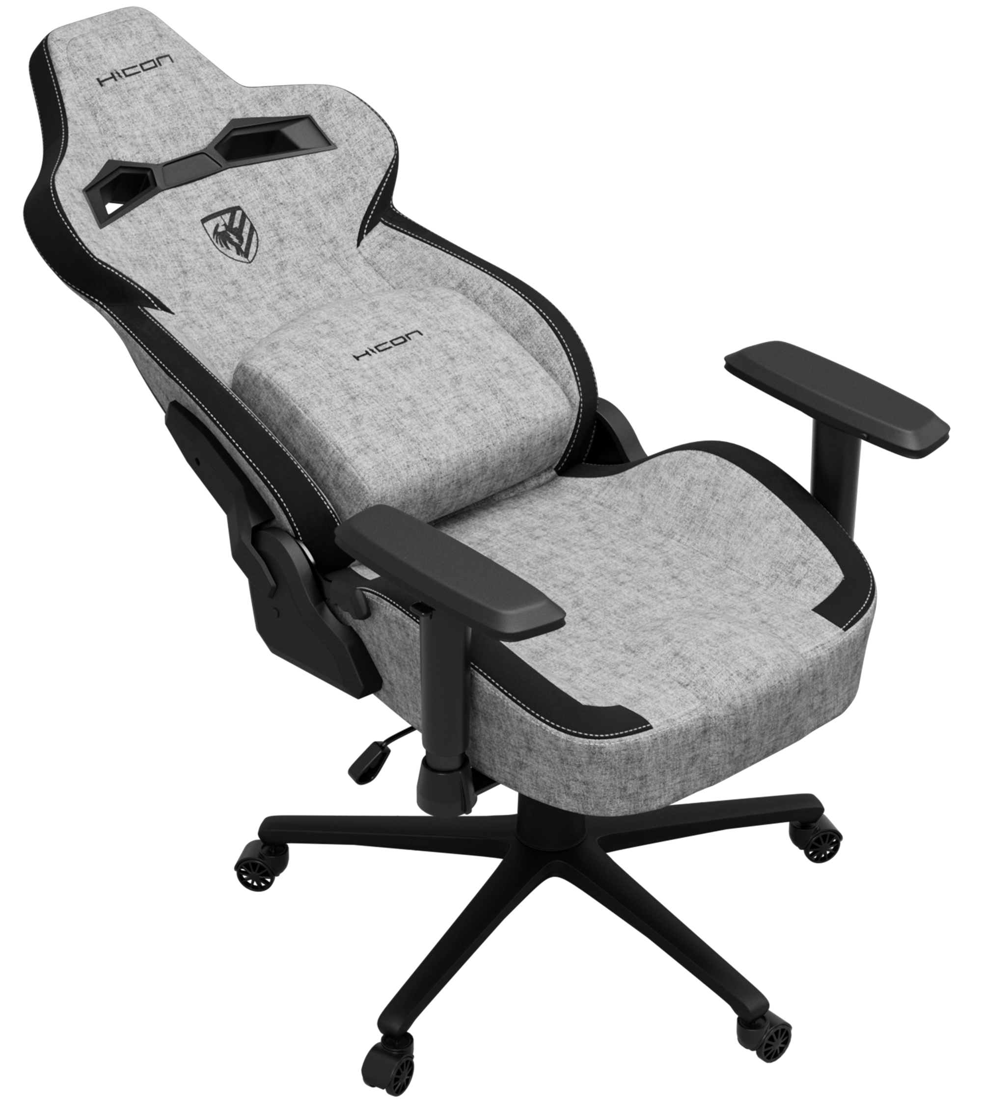 Gaming stoel. Grijze stof met zwarte accenten. Voorzien van hoofdsteun, armleuningen en een vijfsterrenvoet.