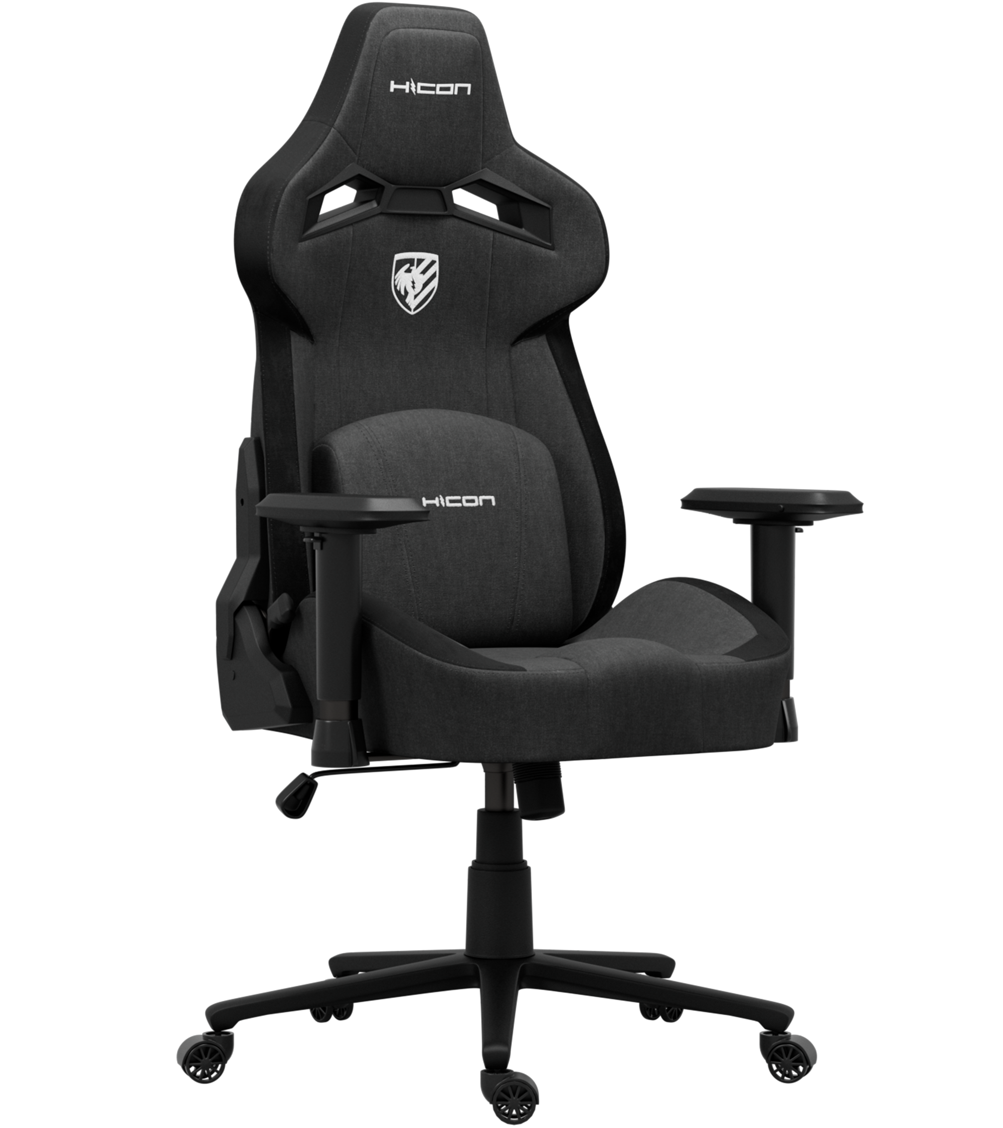Chaise gaming noire et grise avec logo HICON. Accoudoirs, roues, et dossier haut.