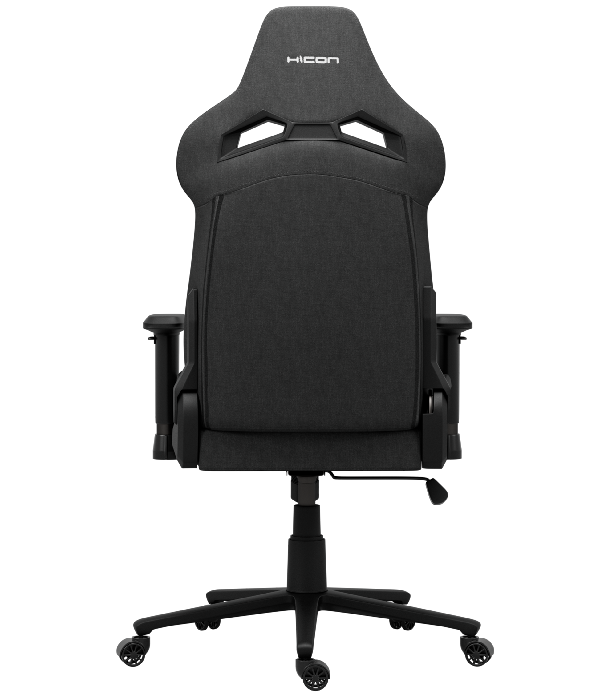 Une chaise de jeu HICON noire. Le dossier a un appuie-tête avec un logo. La chaise a des accoudoirs et une base avec des roues.