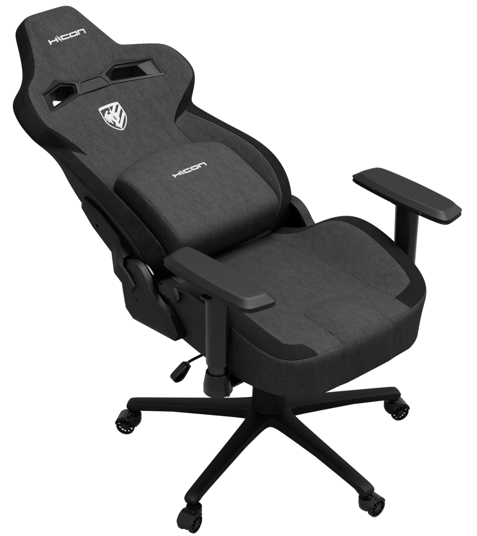 Chaise gaming sur fond noir. Elle a un dossier haut, des accoudoirs et un piètement en étoile à cinq branches avec des roulettes.