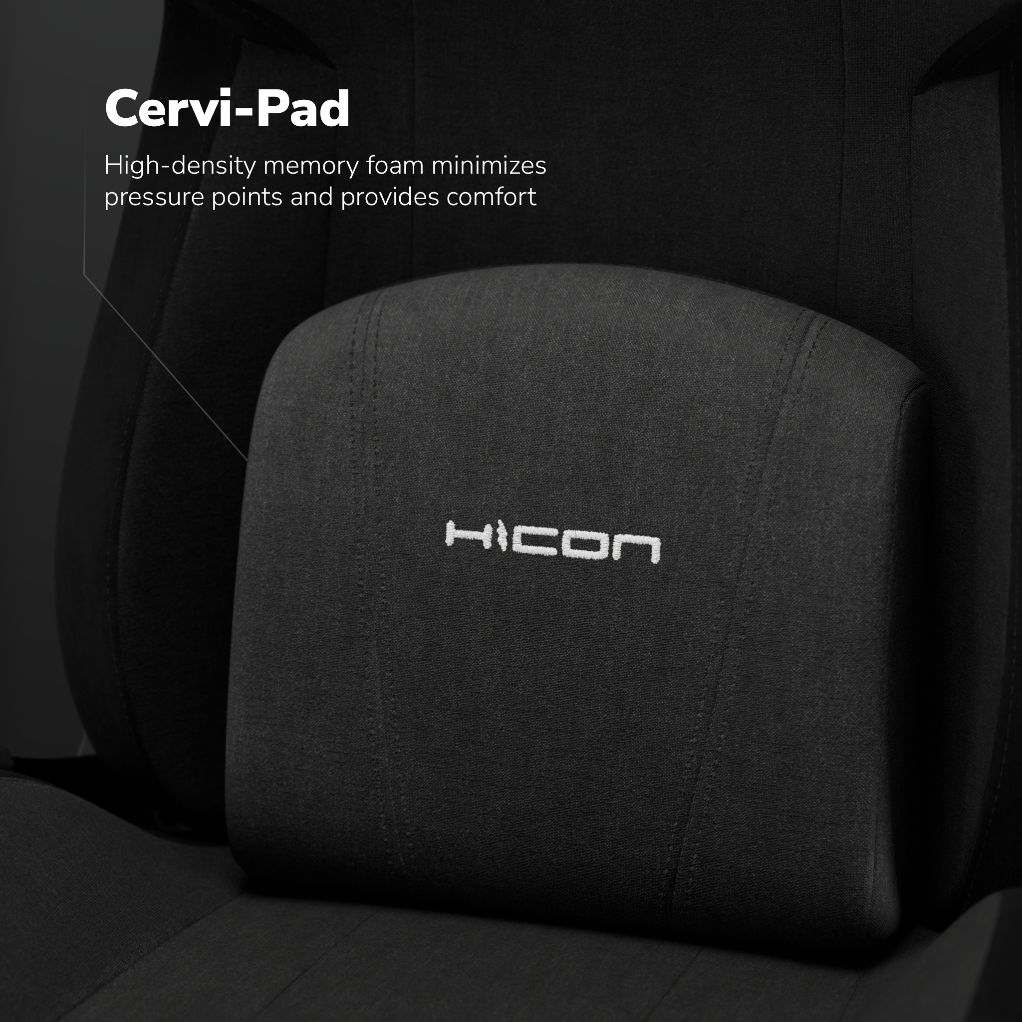 Ein schwarzes Cervi-Pad-Lendenwirbelstützkissen mit dem Markennamen HICON in weißer Schrift.