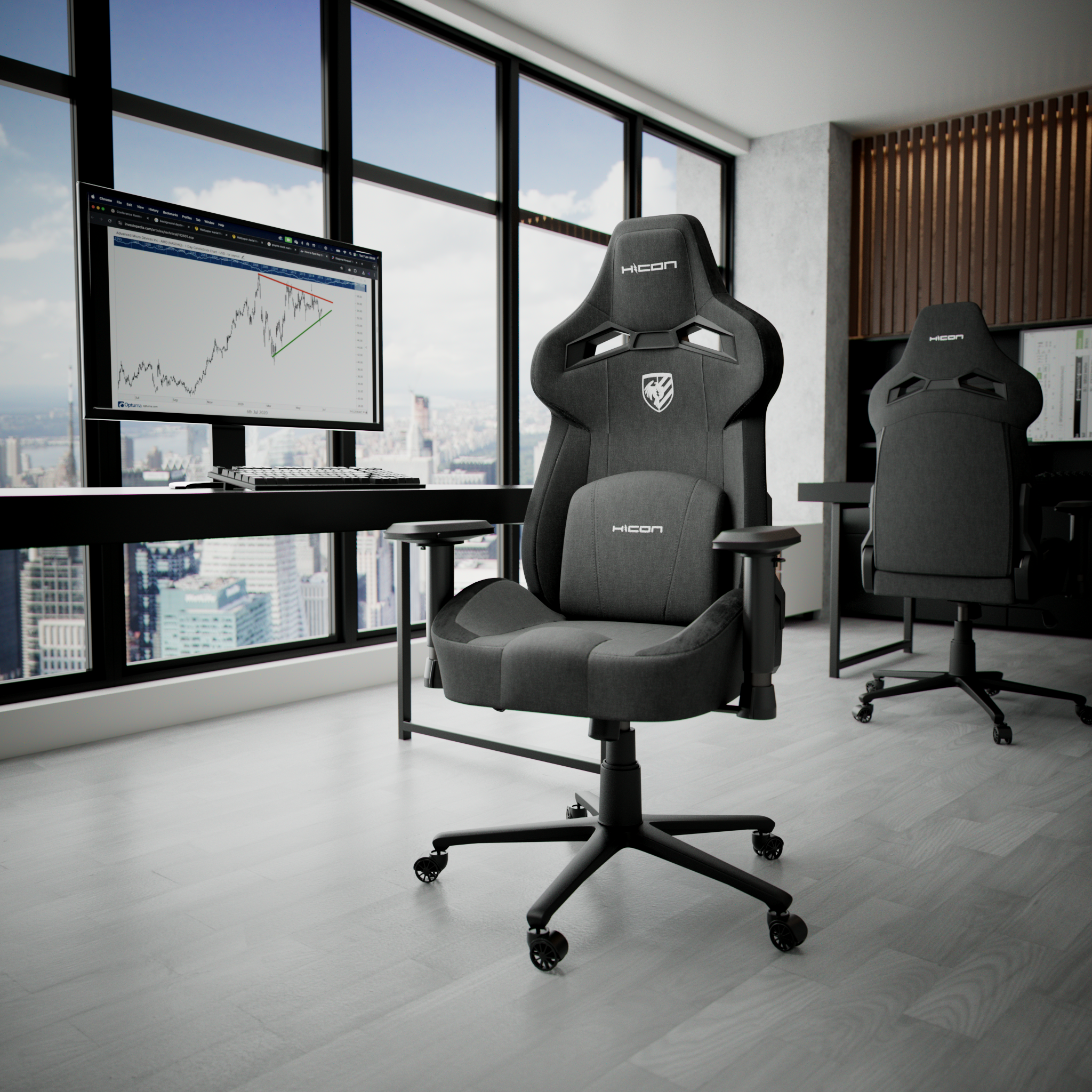Un bureau moderne avec une chaise de jeu noire. Un moniteur affiche un graphique boursier. Vue sur la ville.