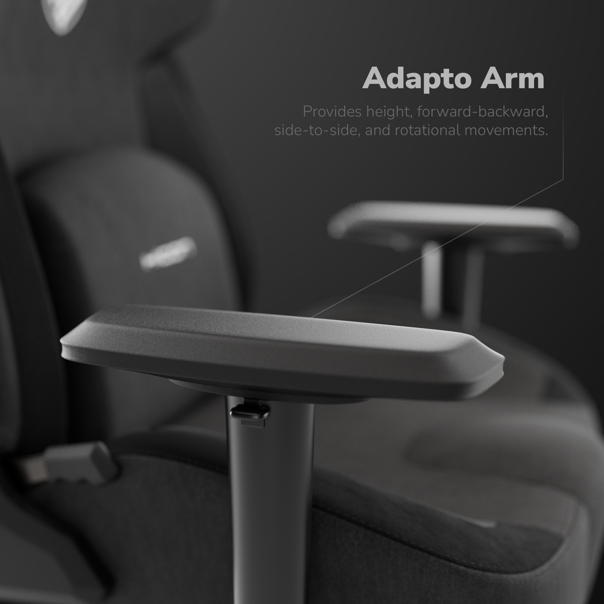 Gros plan sur l'accoudoir noir d'une chaise de bureau avec texte "Adapto Arm", décrivant ses mouvements.