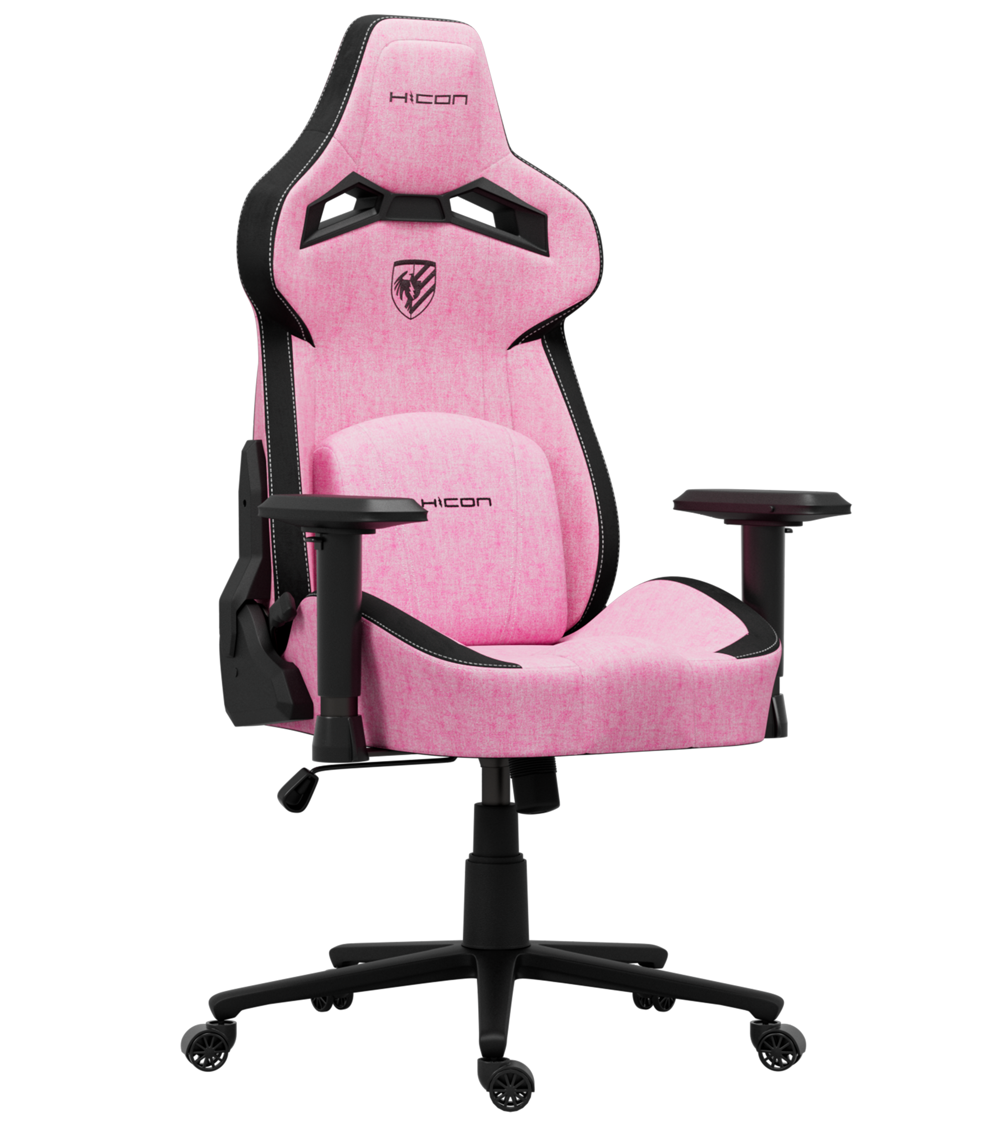 Chaise gaming rose et noire. Elle a un dossier haut, des accoudoirs et une base à cinq roues.