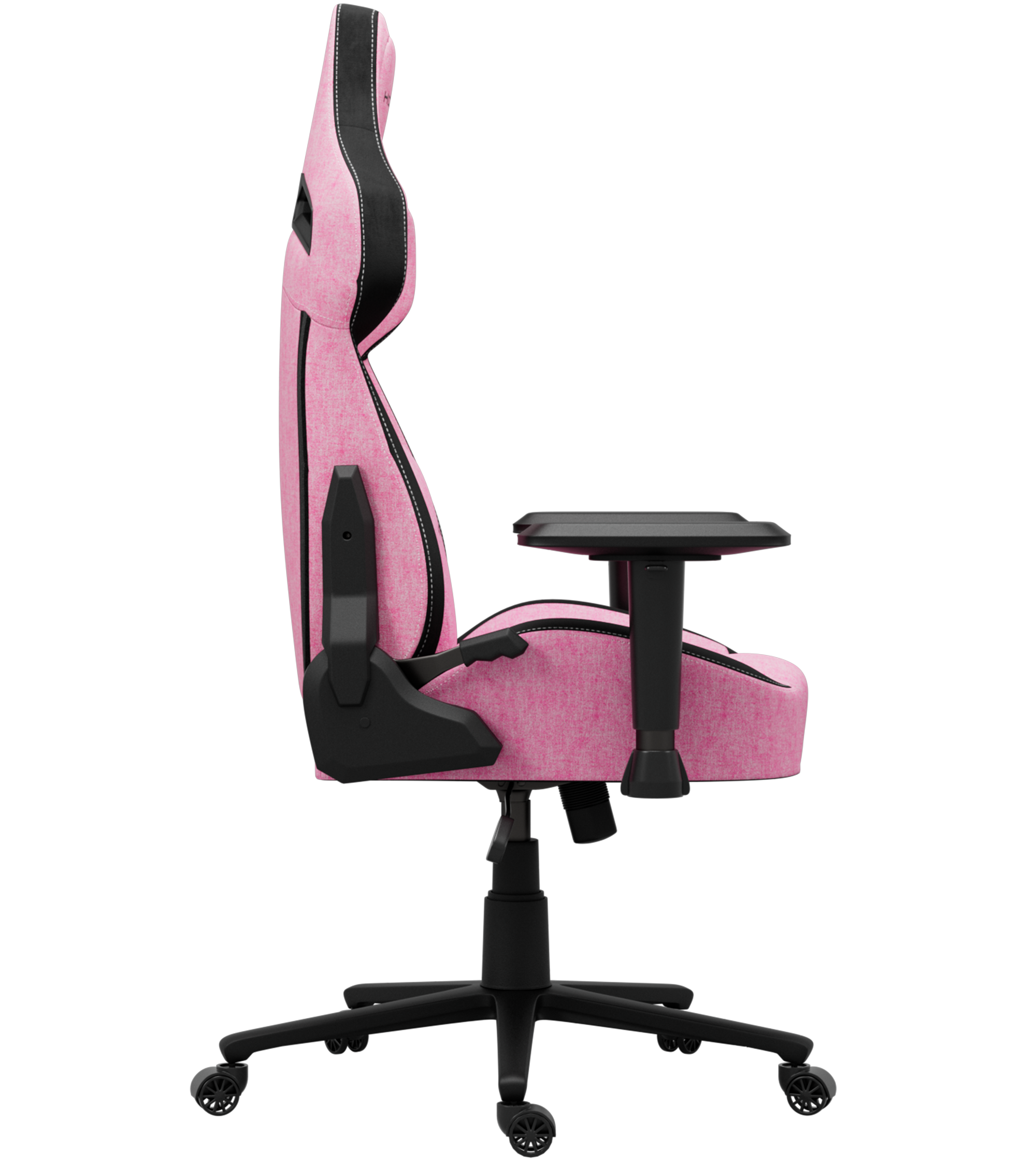 Une chaise de jeu rose et noire est montrée de côté. Elle a une base et des accoudoirs noirs, avec un accoudoir noir.