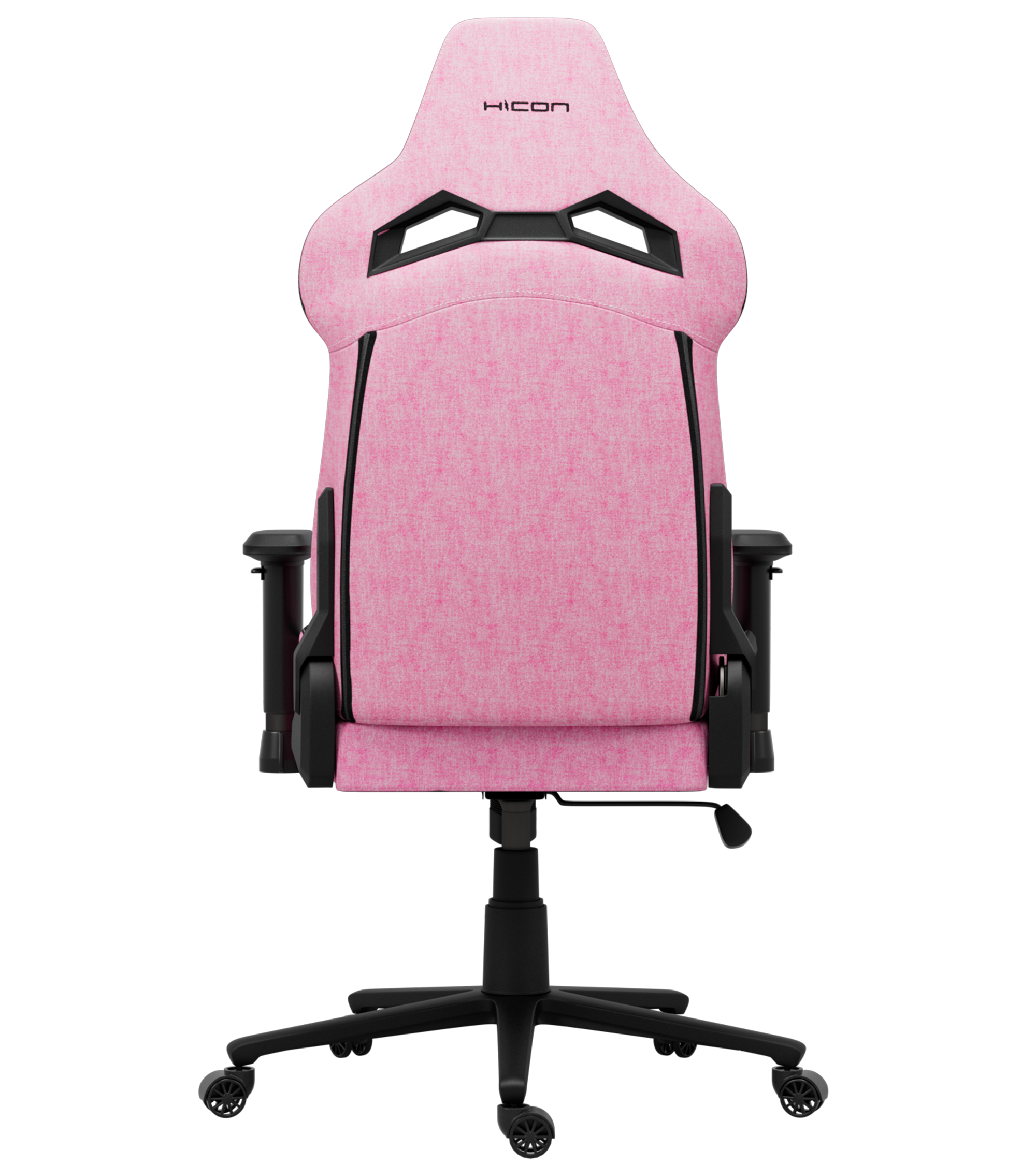 Une chaise de jeu rose avec des accents noirs. Le dossier porte le mot HICON. La chaise est sur une base noire avec des roulettes.