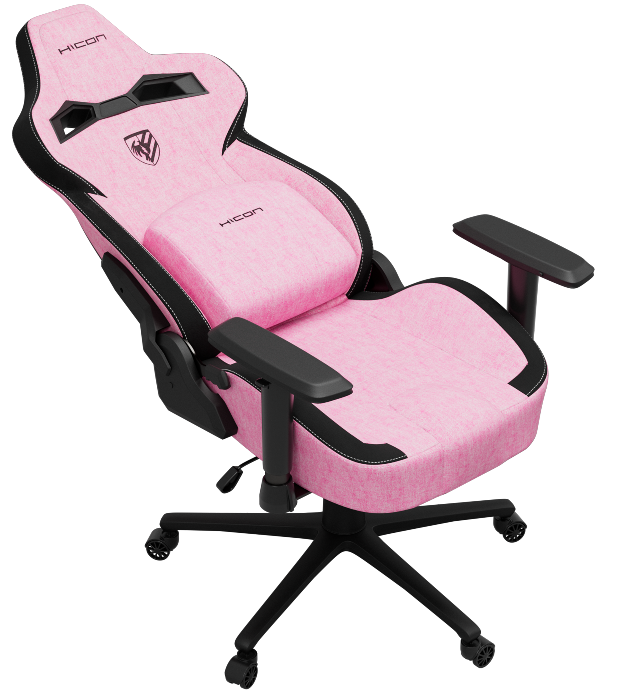 Un fauteuil de jeu rose avec des touches de noir. Il possède un appui-tête, des accoudoirs et une base à cinq roues.