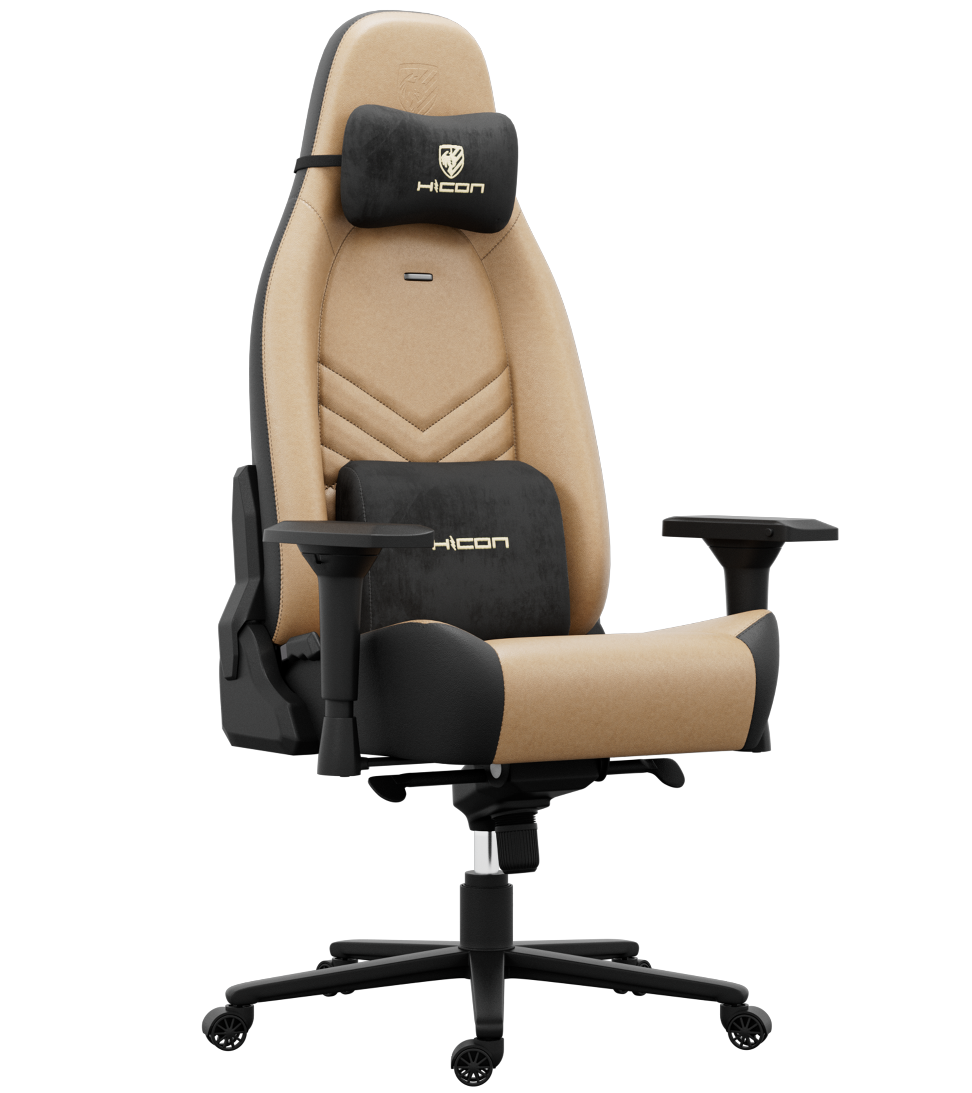 Chaise de jeu. Cuir beige et noir avec appui-tête et support lombaire. Base noire avec roues. Logo HICON.