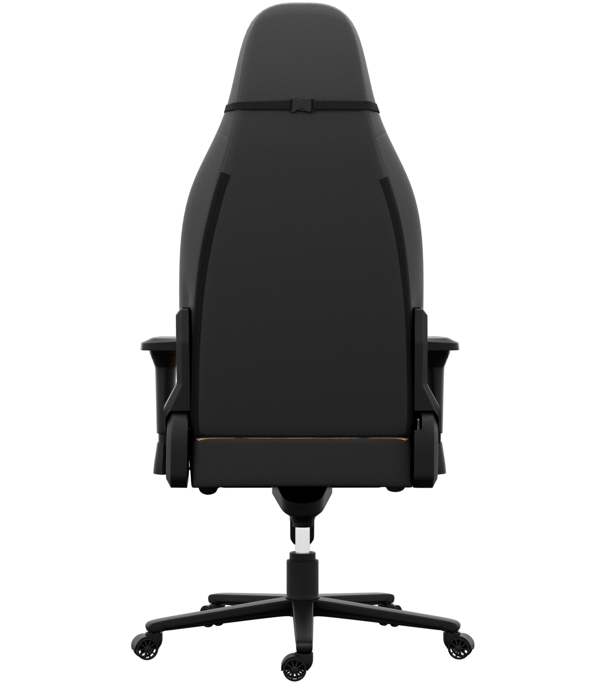 Chaise de jeu noire vue de dos. Elle a un dossier haut, des accoudoirs et un piètement à cinq branches avec roulettes.