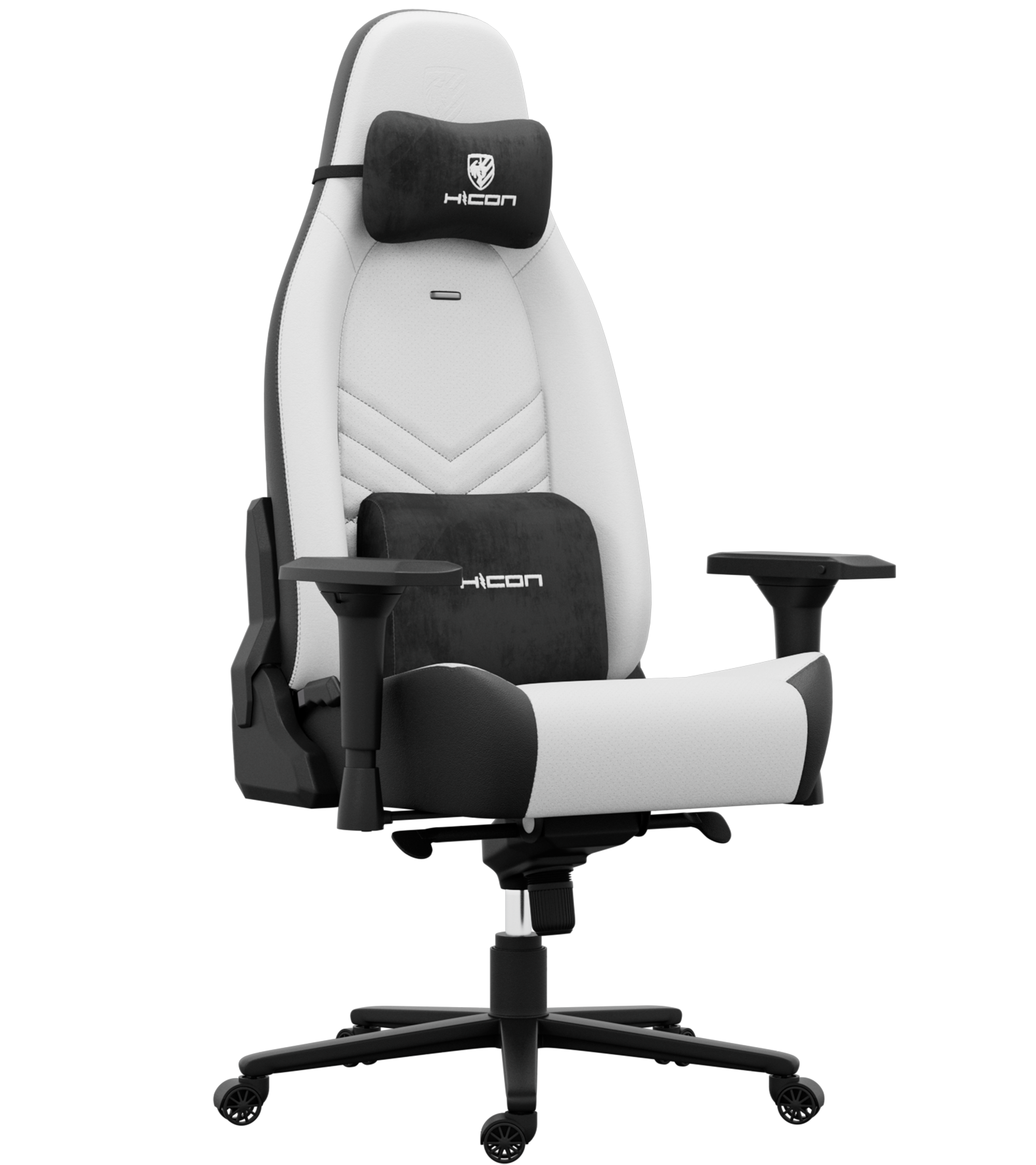 Une chaise de jeu blanche et noire avec deux coussins noirs, logo HICON et accoudoirs noirs. La chaise est sur une base noire.