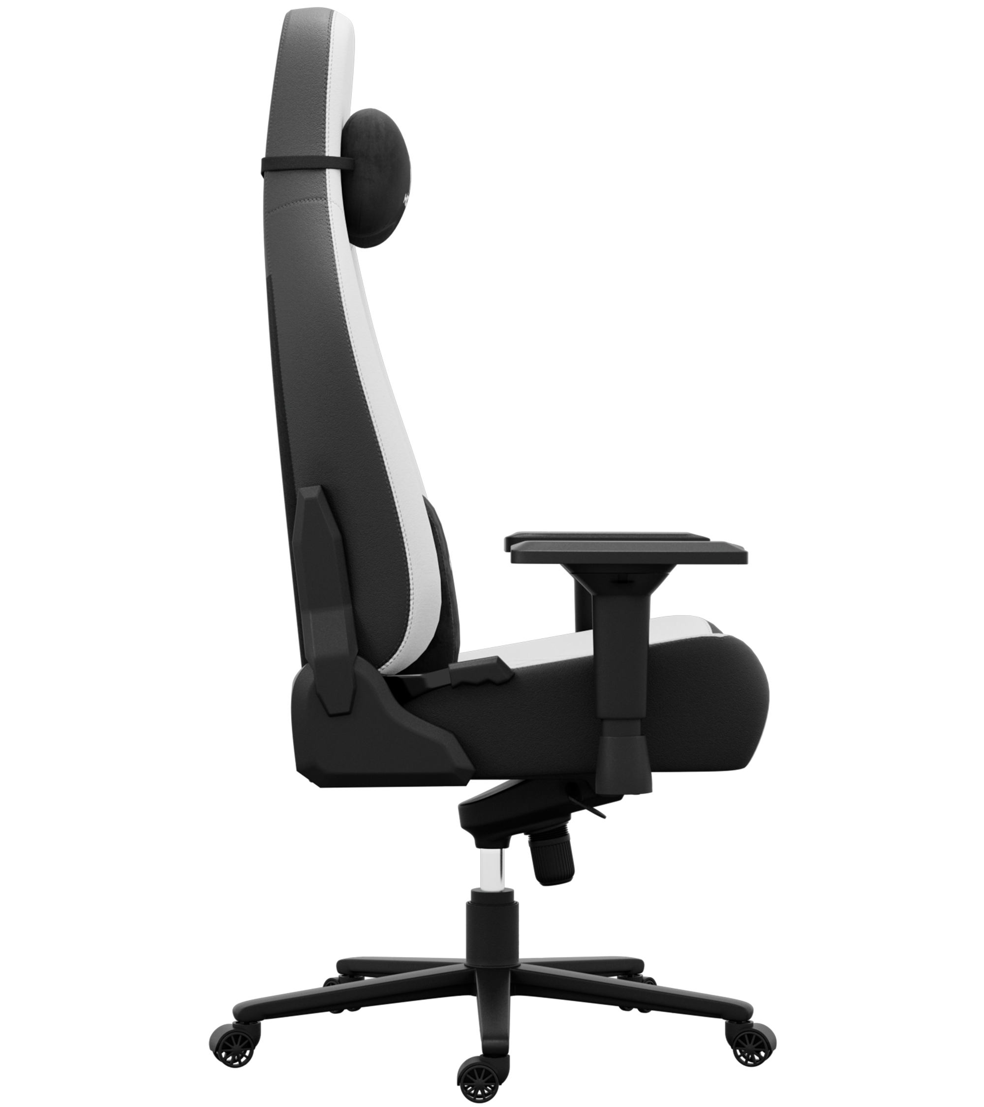 Chaise gaming. Couleurs noir, blanc et gris. Hauteur et accoudoirs réglables. Inclut un appui-tête et un support lombaire.
