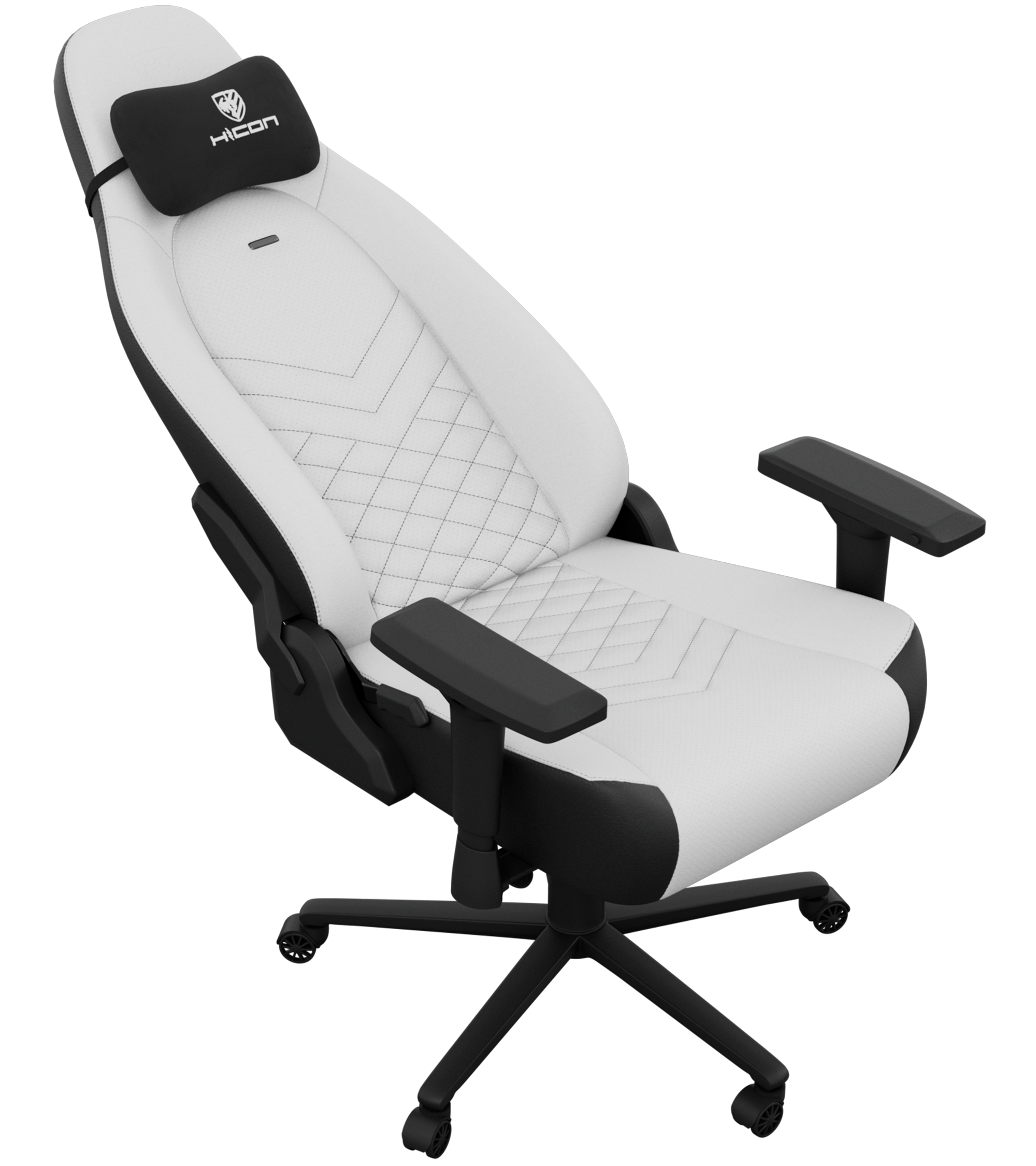 Une chaise de jeu blanche et noire est légèrement inclinée. Elle a un appui-tête et des accoudoirs sur une base noire.