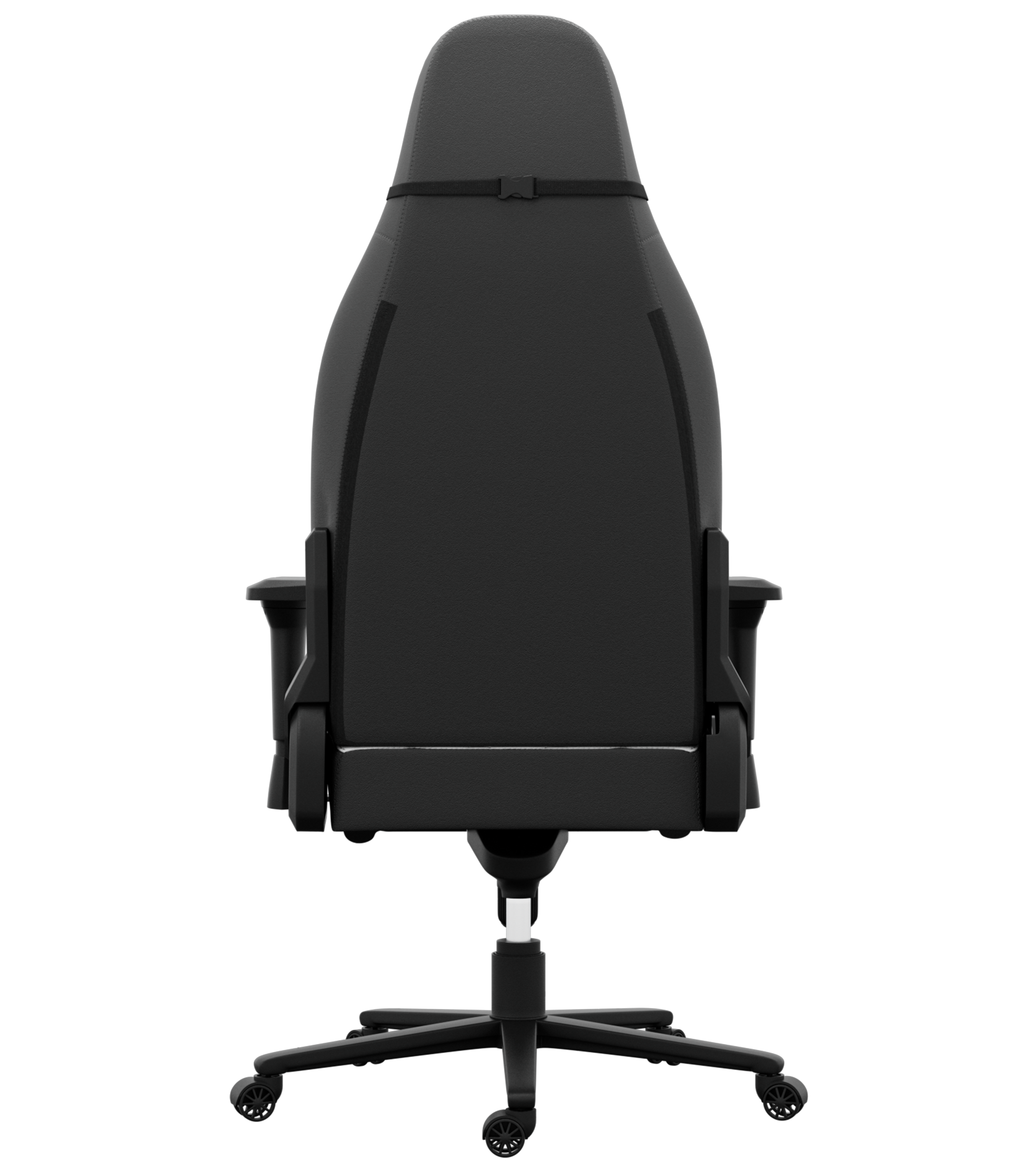 Une chaise de jeu noire de dos. Elle a un dossier haut, des accoudoirs, une sangle de têtière et une base à roulettes.