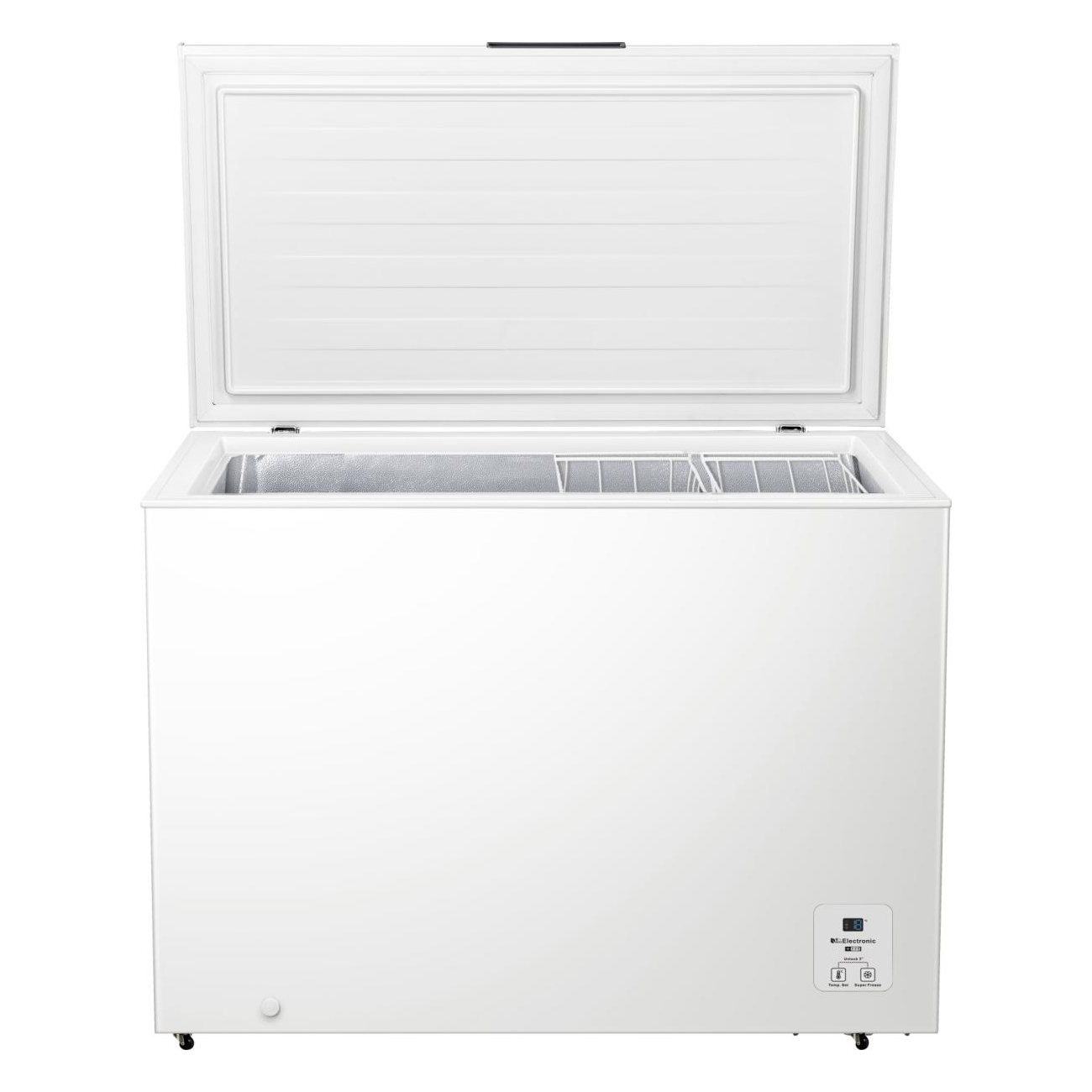 Ein weißer Gefrierschrank mit offenem Deckel. Er hat einen Drahtkorb im Inneren und ein Bedienfeld an der Vorderseite.
