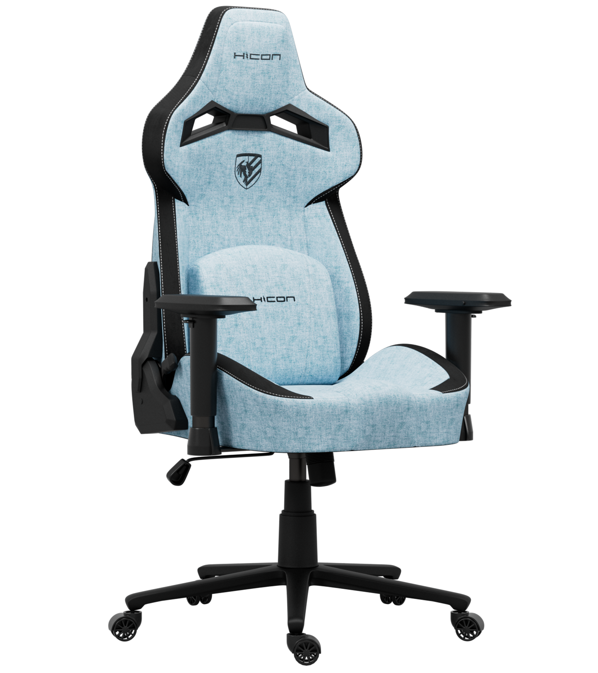 Gaming stoel. Lichtblauwe stof met zwarte accenten en een zwart onderstel. HICON logo op de hoofdsteun.