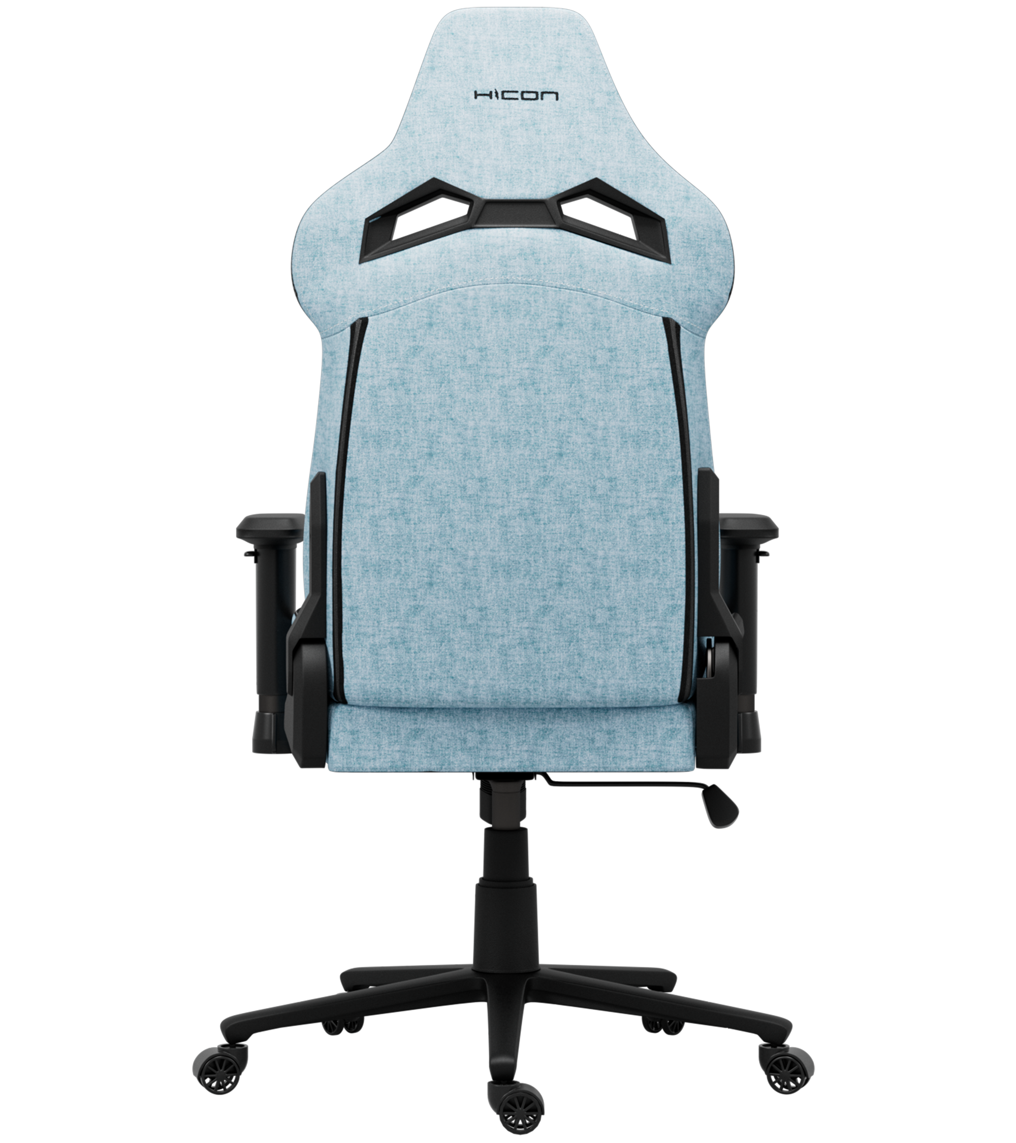 Een lichtblauwe gamingstoel met zwarte accenten. De rugleuning heeft het HICON-logo. De stoel staat op een zwarte basis.