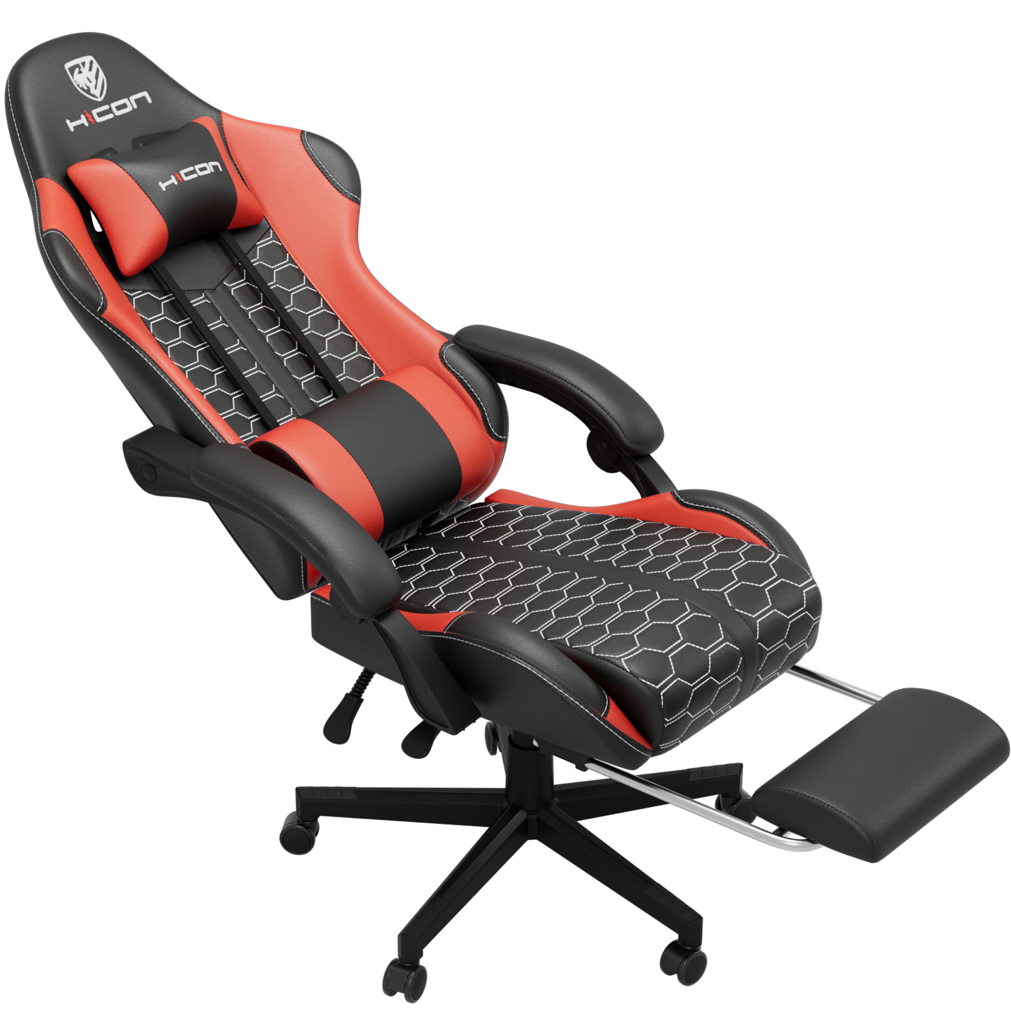 Een rood-zwarte gamingstoel met voetensteun. Het heeft een hoofdsteun en armleuningen. De stoel staat op een zwarte achtergrond.