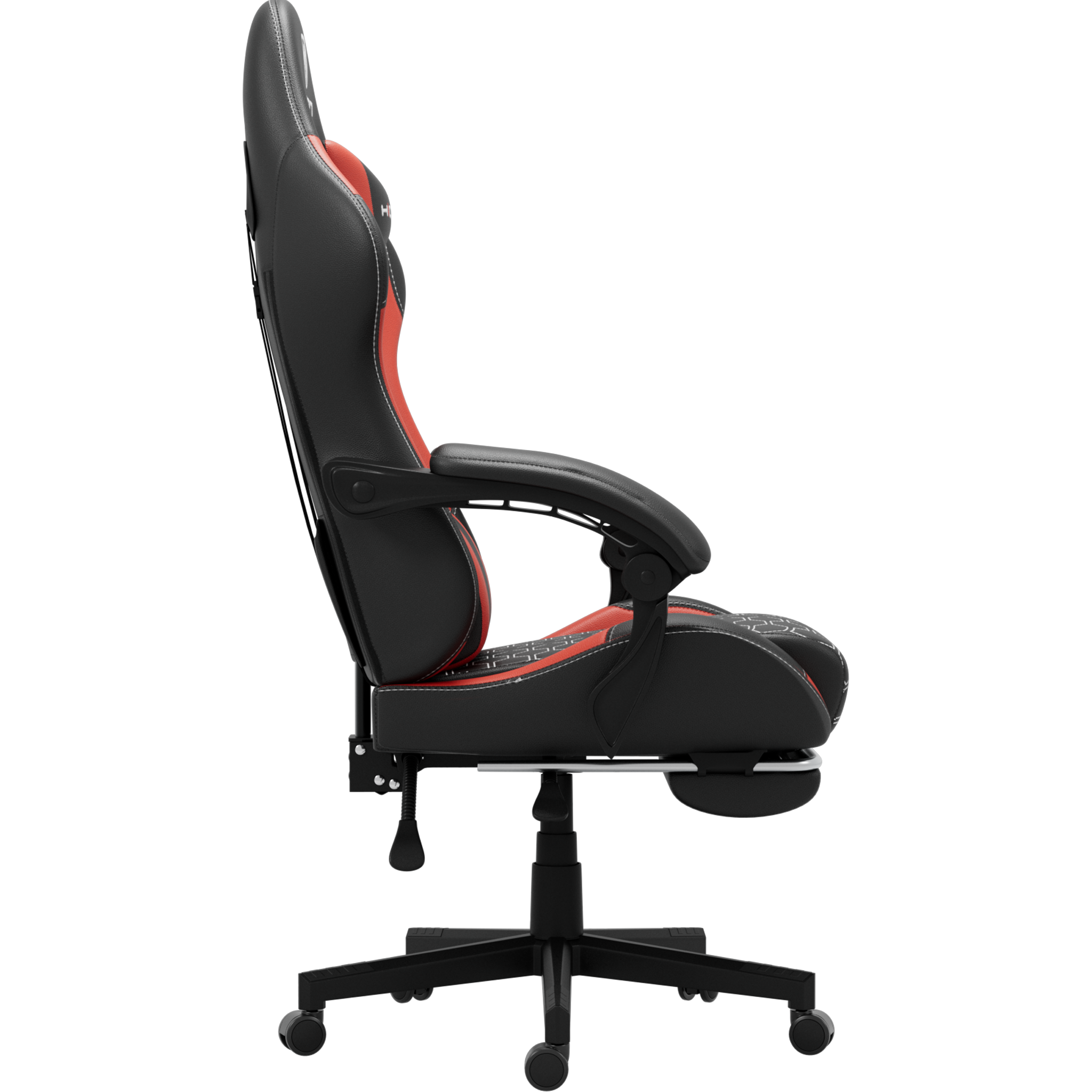 Zijaanzicht van een zwarte en rode gaming stoel. Hij heeft een hoge rugleuning, armleuningen en een vijfsterren basis met wielen.